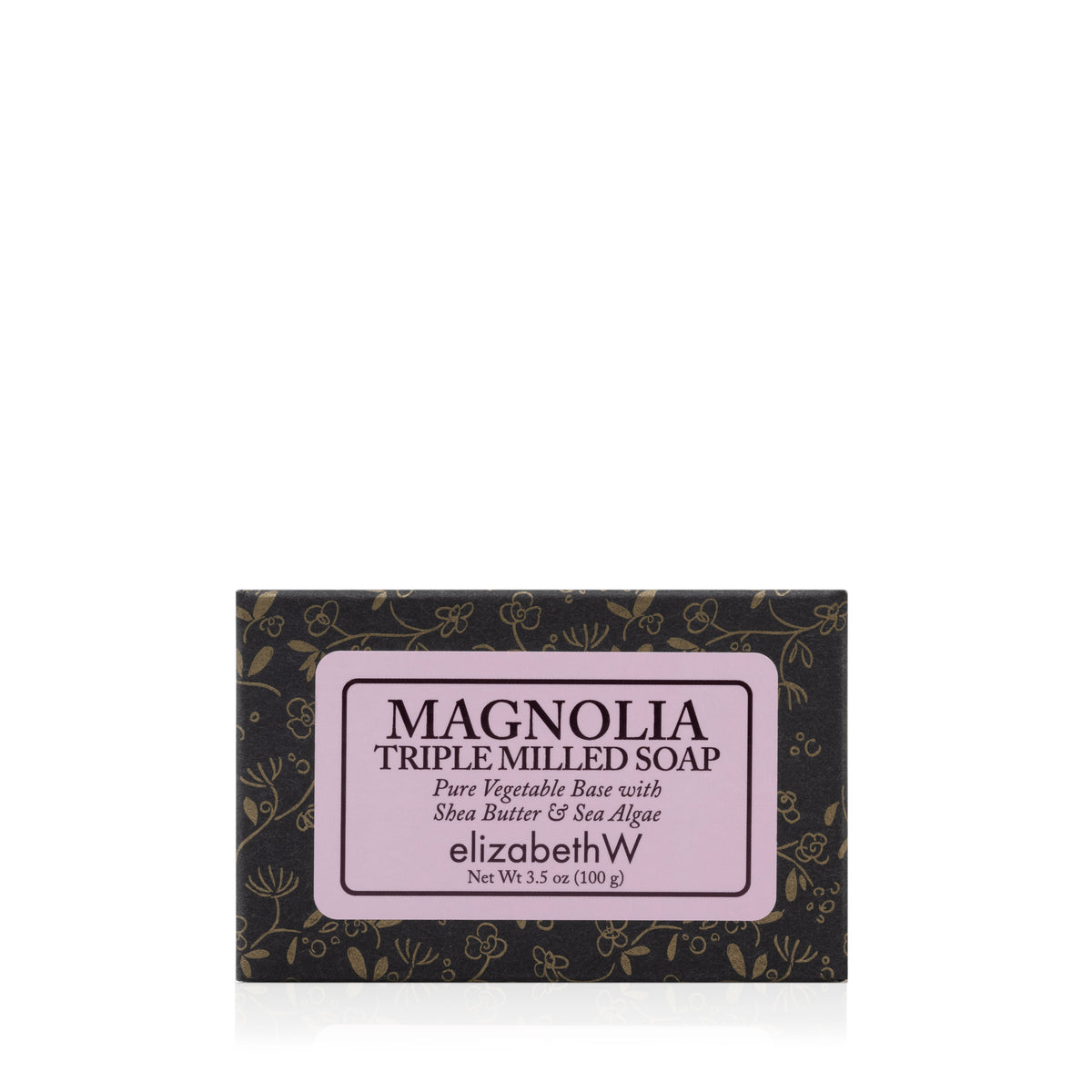 A 3.5 oz (100 g) bar of Magnolia — Triple Milled Soap by elizabethW, adorned with a floral pattern and a pink label that highlights plant-based ingredients such as shea butter and sea algae.