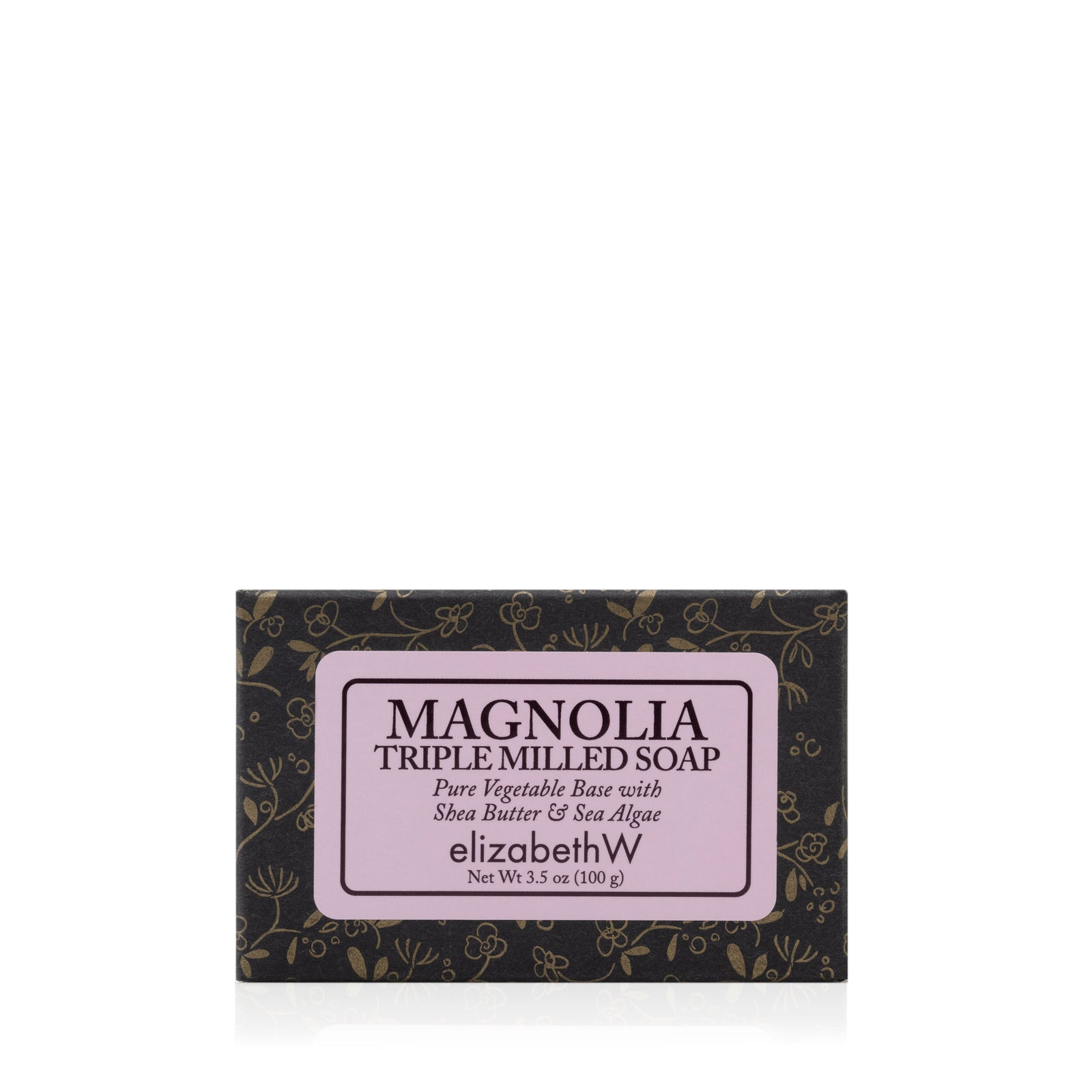 A 3.5 oz (100 g) bar of Magnolia — Triple Milled Soap by elizabethW, adorned with a floral pattern and a pink label that highlights plant-based ingredients such as shea butter and sea algae.