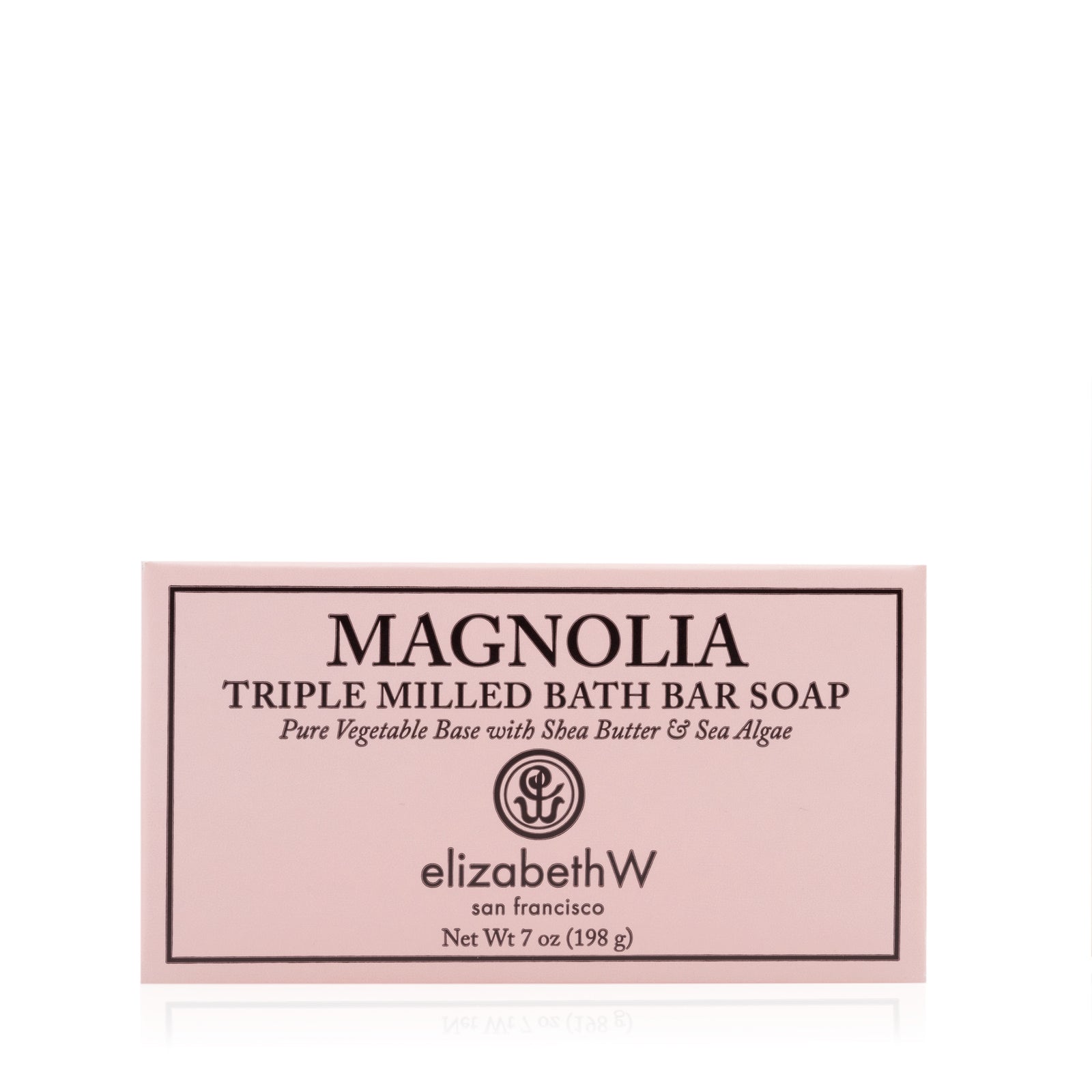 A pink box of elizabethW Magnolia — Triple Milled Soap (7 oz), enriched with shea butter and offering a delicate floral scent, crafted from a pure vegetable base with sea algae, from San Francisco.