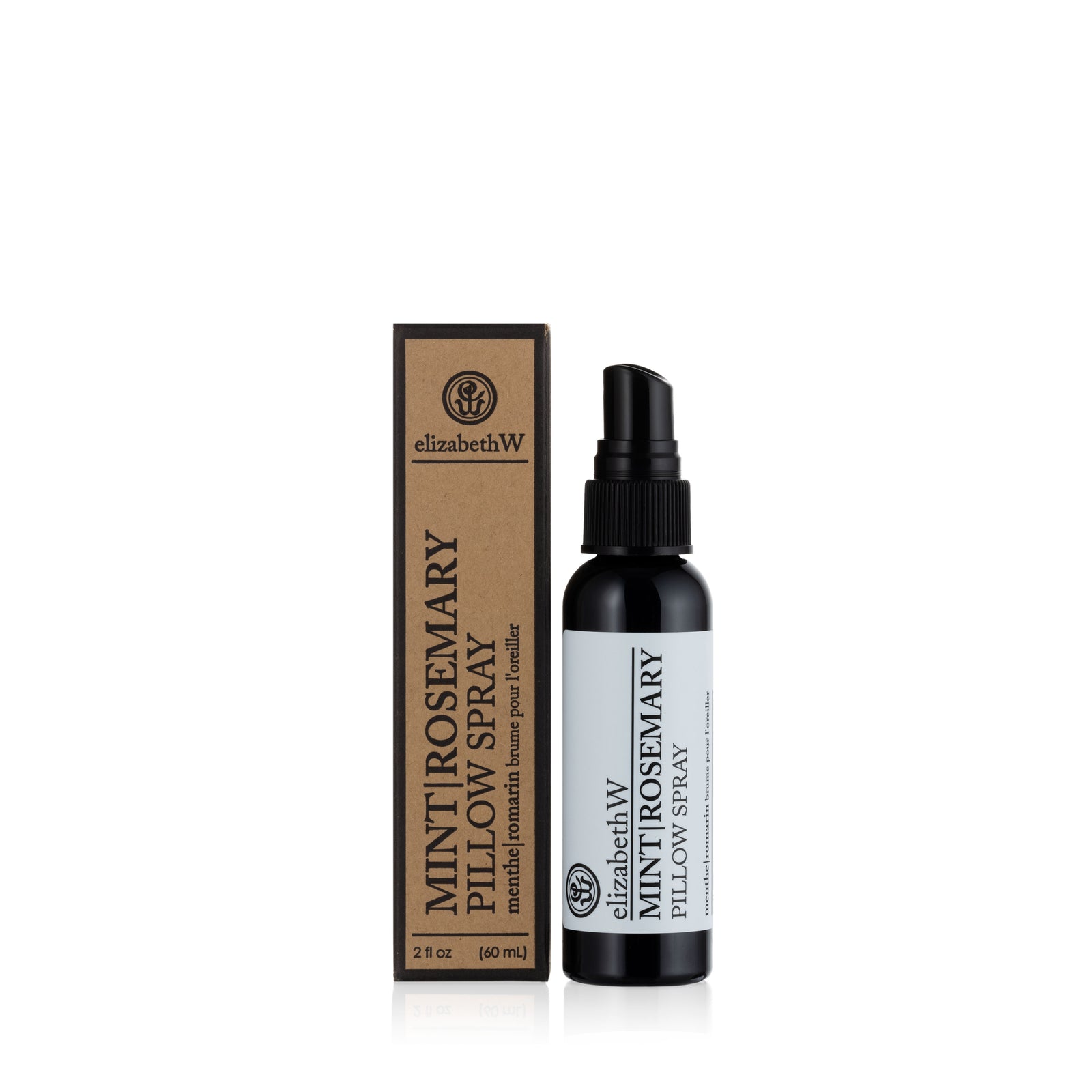 A bottle of elizabethW Mint Rosemary — Pillow Spray sits beside its coordinating box, both displaying the product name and a volume of 2 fl oz (60 ml). This revitalizing blend features invigorating mint and soothing rosemary, creating a calming aromatherapy experience for your bedtime routine.