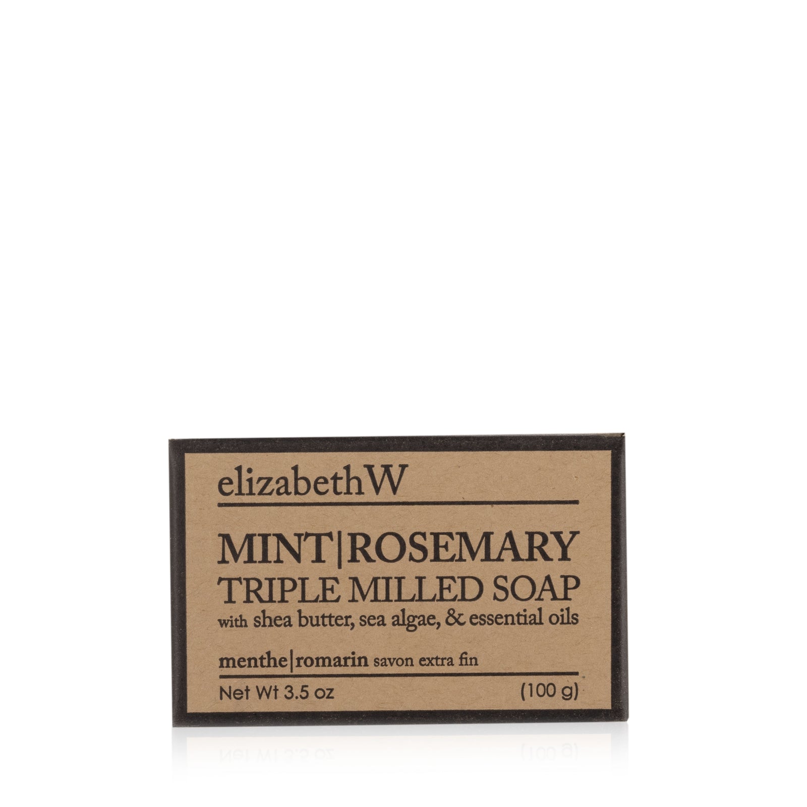 Experience the luxurious elizabethW Mint Rosemary — Triple Milled Soap, a rectangular 3.5 oz (100 g) bar expertly crafted with plant-based ingredients like shea butter, sea algae, and essential oils for a long-lasting, rich lather with every use.