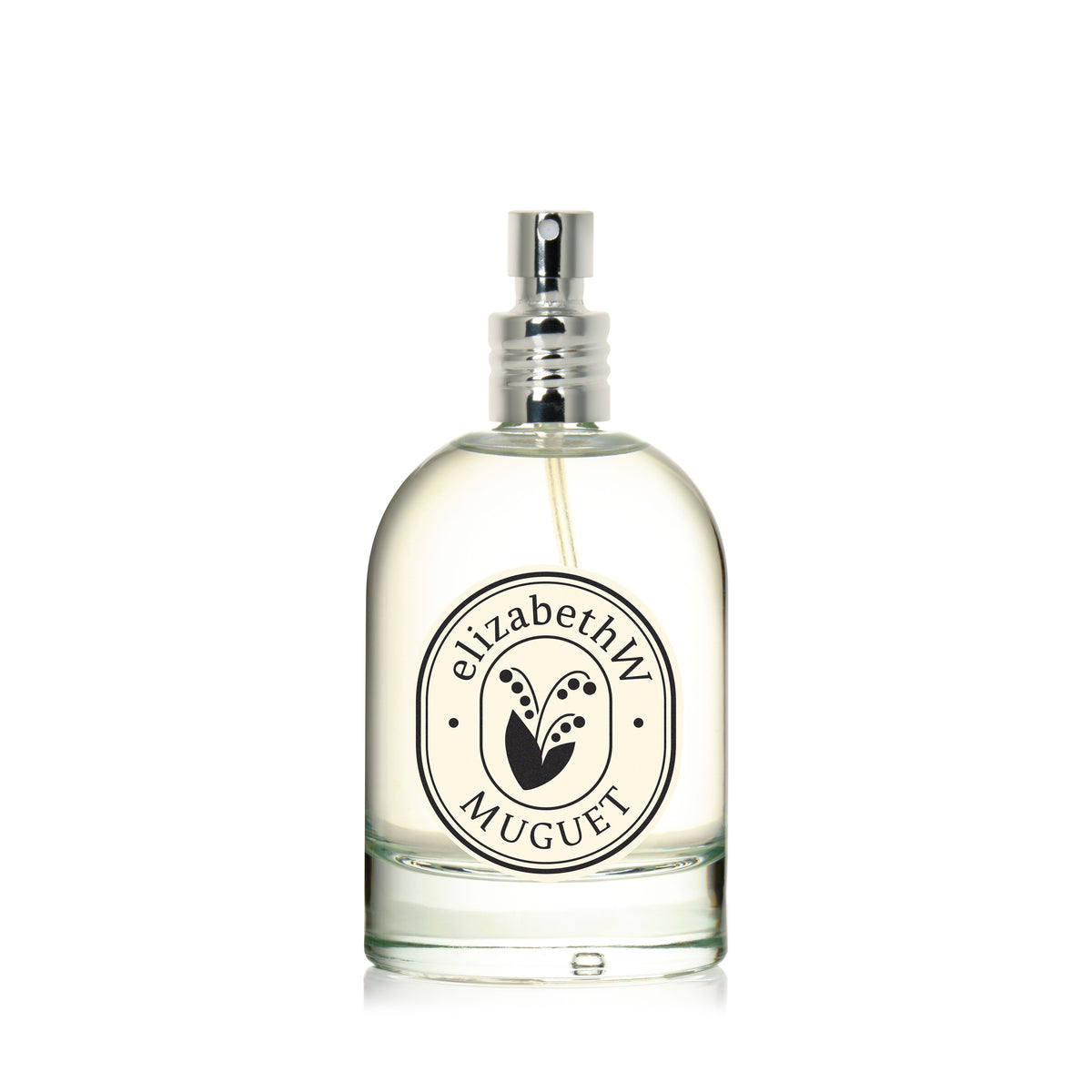 A clear glass bottle of elizabethW's Muguet — Eau de Parfum features a simple black floral logo, silver spray nozzle, and transparent liquid, set against a white background—an elegant lily of the valley fragrance.