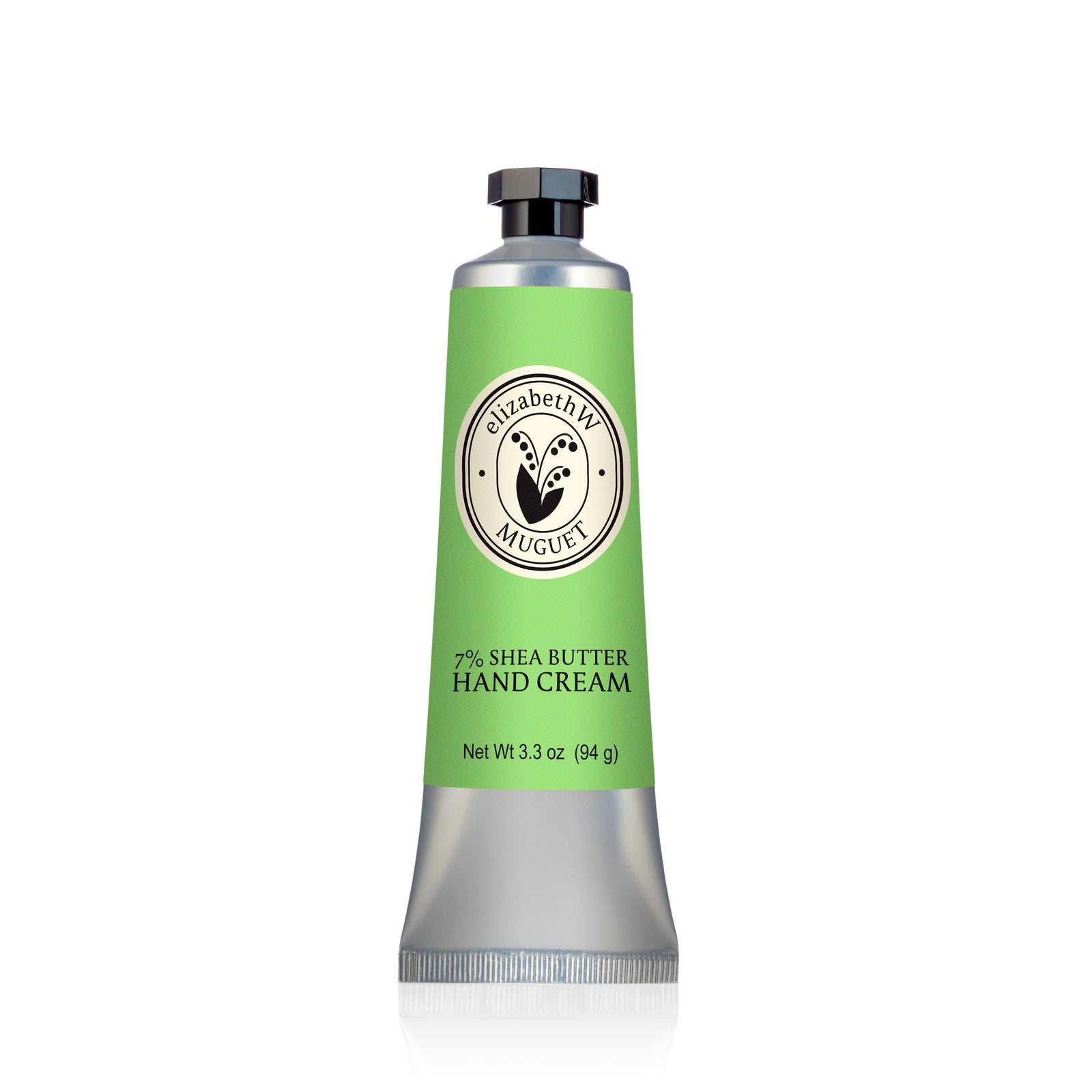 A silver and green 3.3 oz (94 g) tube of elizabethW Muguet Hand Cream, a floral hand cream with 7% shea butter, stands upright against a white background, capturing the essence of lily of the valley.