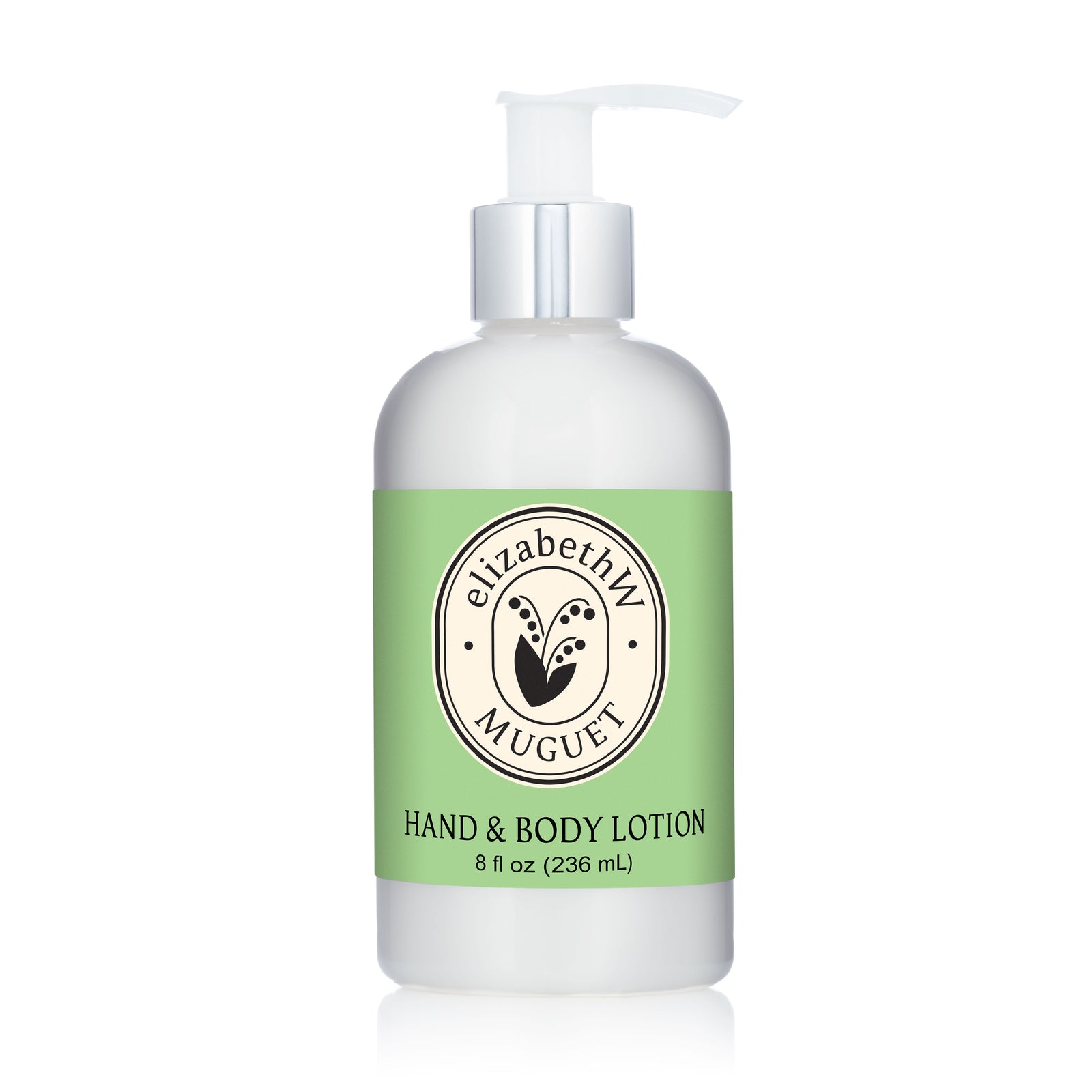 A white pump bottle labeled "Muguet — Hand and Body Lotion" by elizabethW, with a green label and cream circular logo, sits on a white background. The lotion features a delicate lily of the valley fragrance.