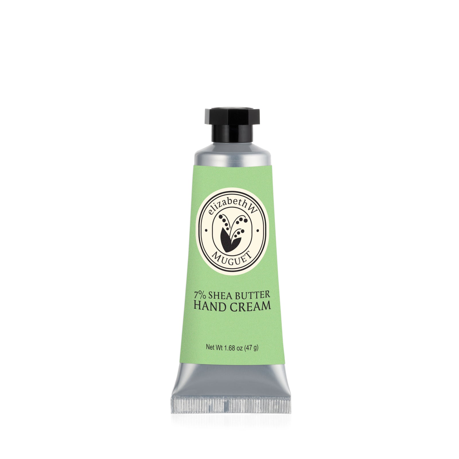 A metal tube of elizabethW Muguet — Mini Hand Cream with a green label and a black cap, containing 1.68 oz (47g) of luxurious lily of the valley shea butter hand cream.