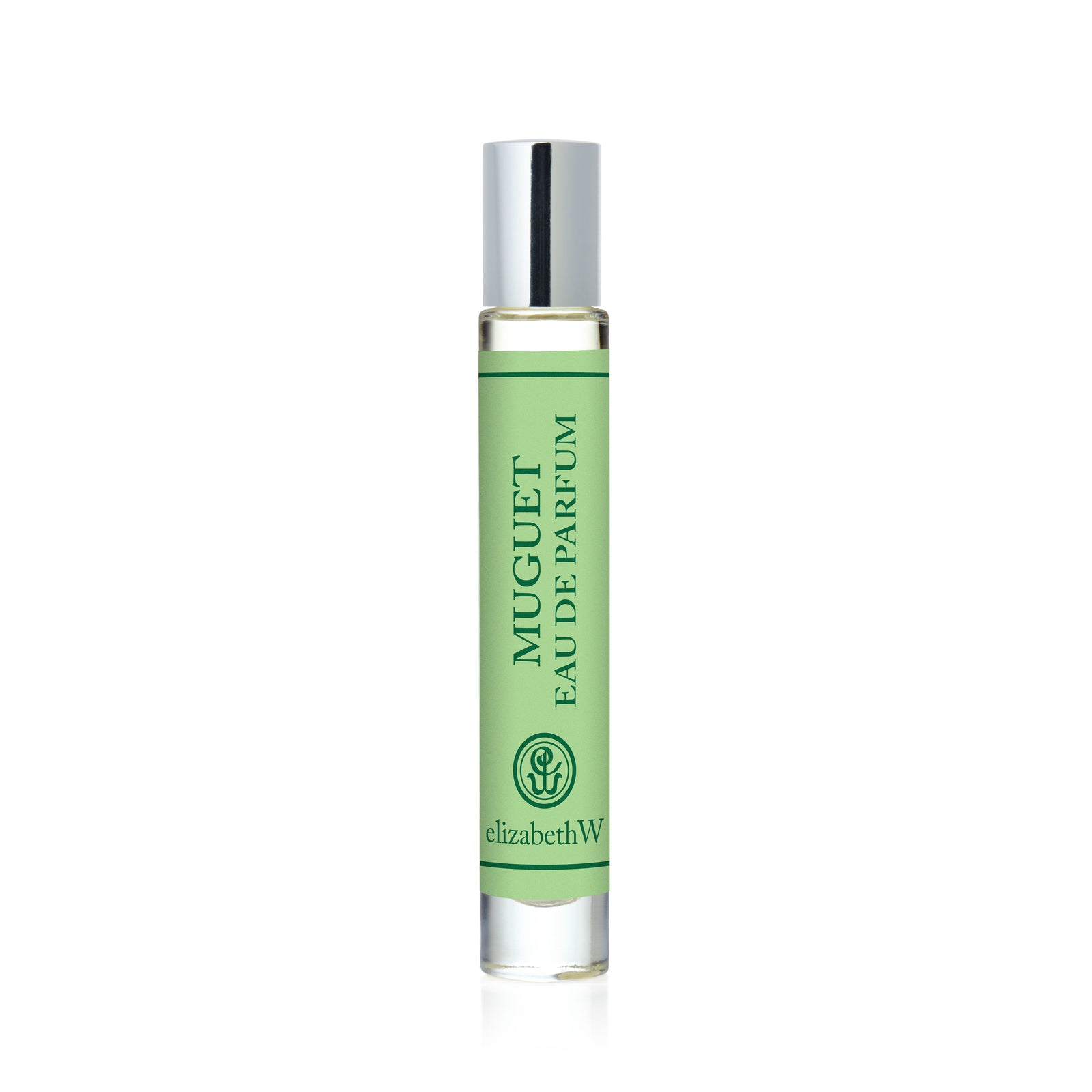 A green glass rollerball perfume bottle with a silver cap labeled "Muguet — Rollerball" and "elizabethW" on a white background, capturing the delicate essence of lily of the valley in this exquisite floral fragrance.