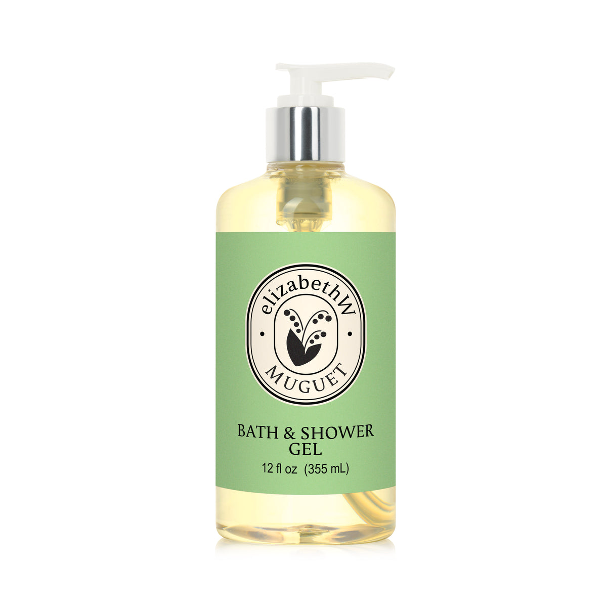 ElizabethW Muguet — Bath & Shower Gel in a clear 12 fl oz pump bottle with a light green label and black text, features a refreshing lily of the valley scent.