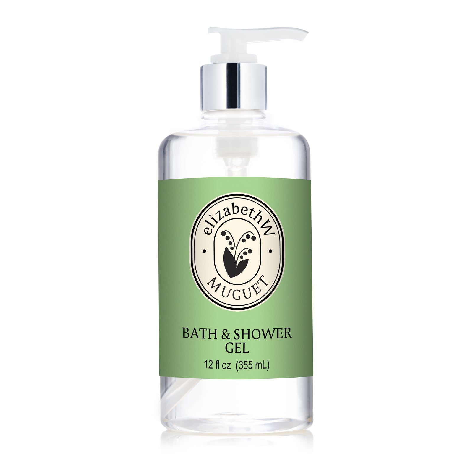 Clear pump bottle with a green label reading "elizabethW Muguet — Bath & Shower Gel," 12 fl oz (355 ml), featuring a circular stylized lily of the valley logo and infused with fresh Muguet fragrance.