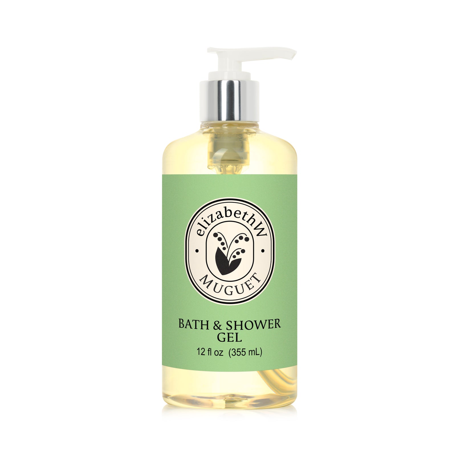 ElizabethW Muguet — Bath & Shower Gel in a clear 12 fl oz pump bottle with a light green label and black text, features a refreshing lily of the valley scent.