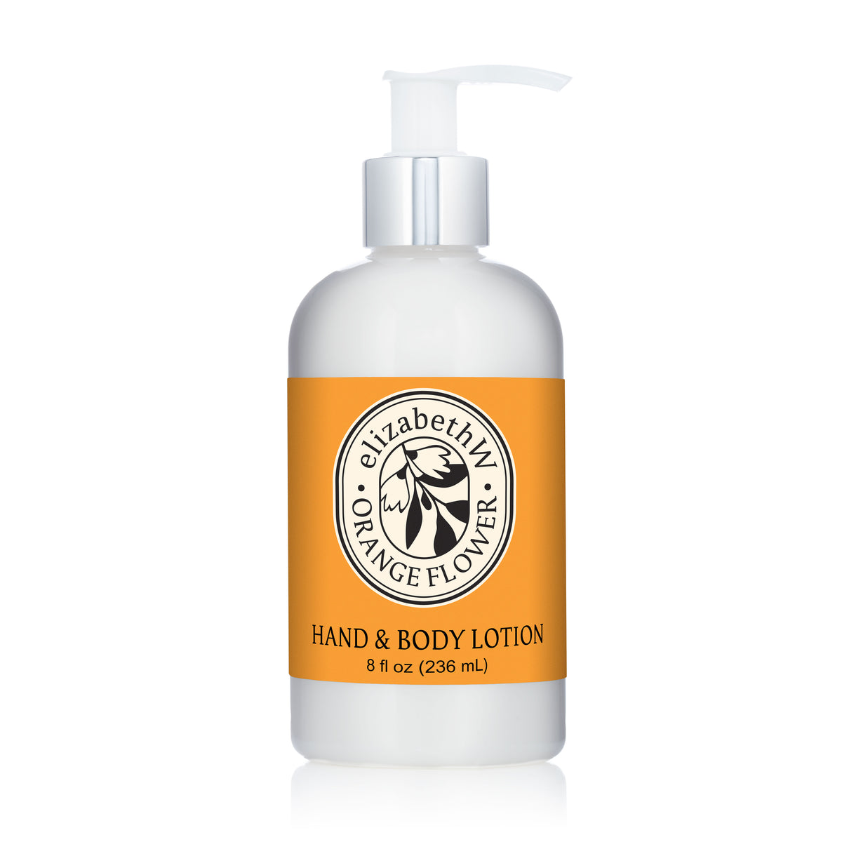 A white pump bottle labeled "E Wightman & Co Orange Flower — Hand & Body Lotion" (8 fl oz/236 mL) with an orange label and a floral logo—this lotion nourishes, softens, and refreshes the skin.