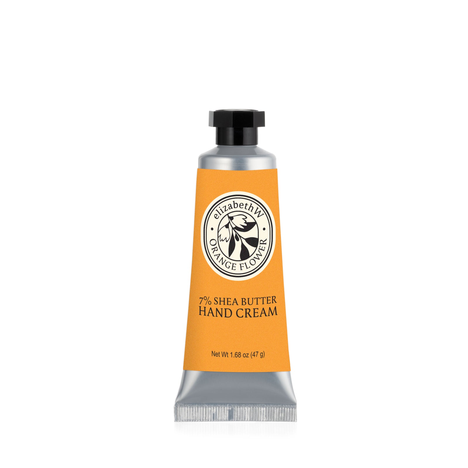 A silver tube of E Wightman & Co Orange Flower — Mini Hand Cream with an orange label, black cap, and bee logo. The label shows 7% shea butter and a weight of 1.68 oz (47 g).