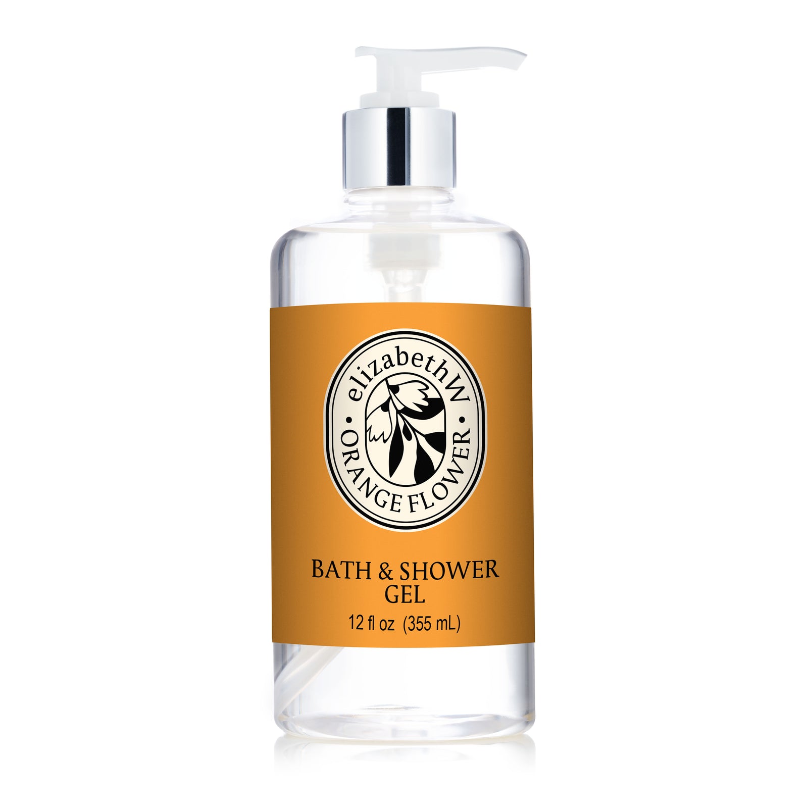 A clear plastic pump bottle labeled "E Wightman & Co Orange Flower — Bath & Shower Gel" features a gold-orange label with black text and contains 12 fl oz (355 mL) of soothing gel for a relaxing Orange Flower shower or bath.