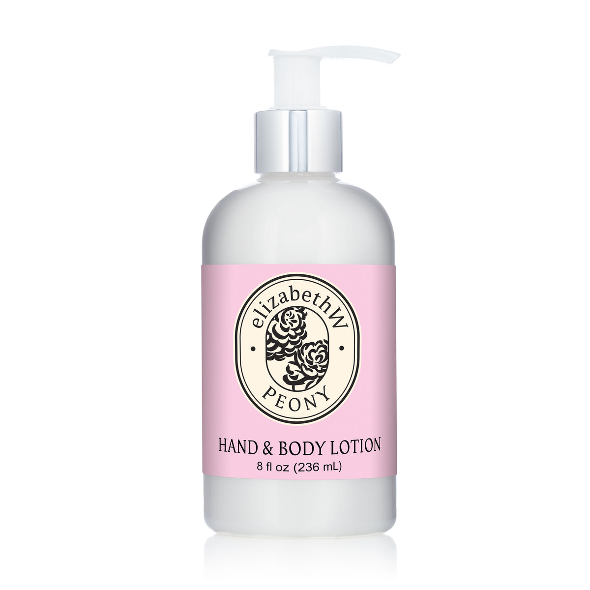 A white pump bottle labeled "E Wightman & Co Peony — Hand & Body Lotion, 8 fl oz (236 mL)" features a pink and cream label with a peony illustration, nourishing shea butter formula, and delicate peony scent.