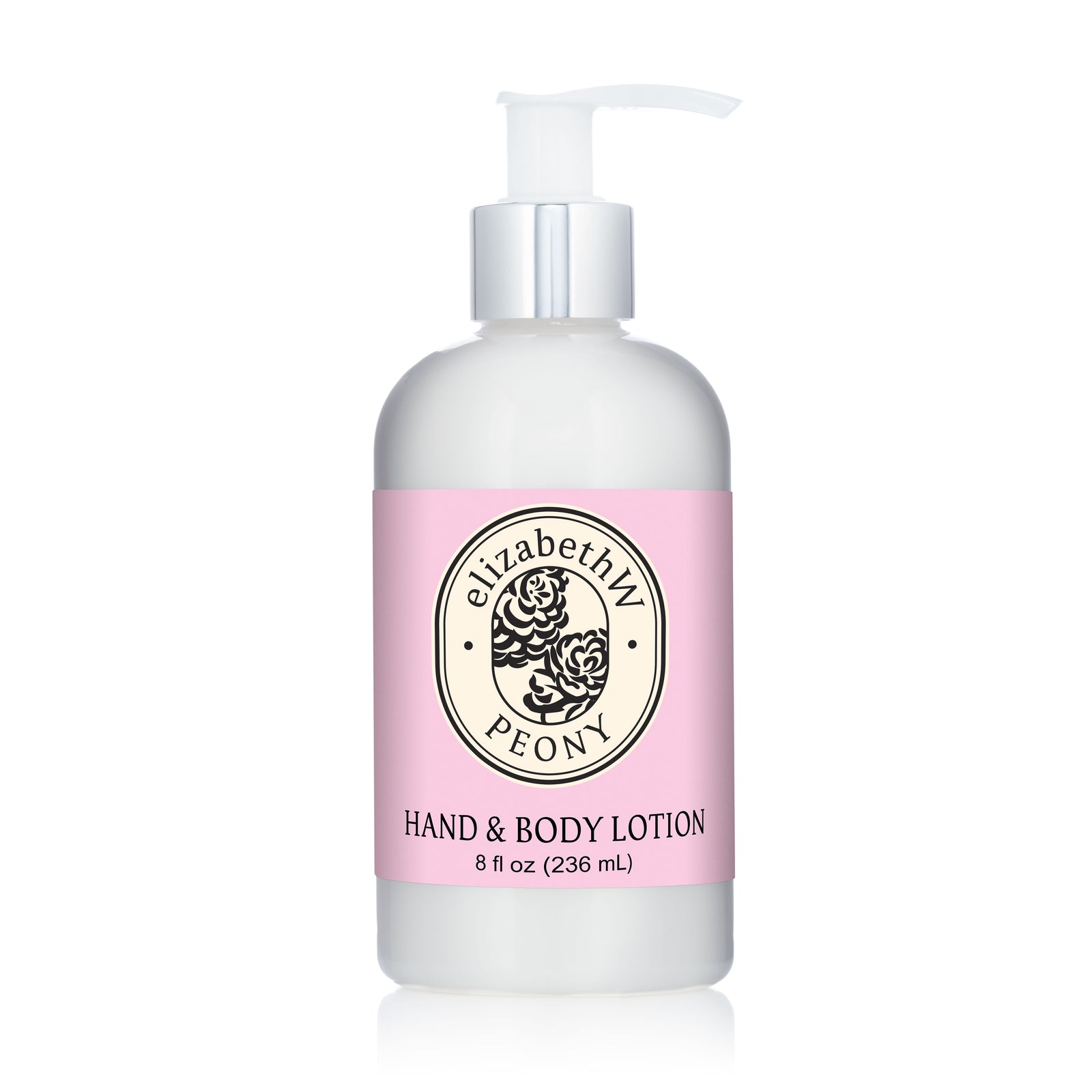 A white pump bottle labeled "E Wightman & Co Peony — Hand & Body Lotion, 8 fl oz (236 mL)" features a pink and cream label with a peony illustration, nourishing shea butter formula, and delicate peony scent.