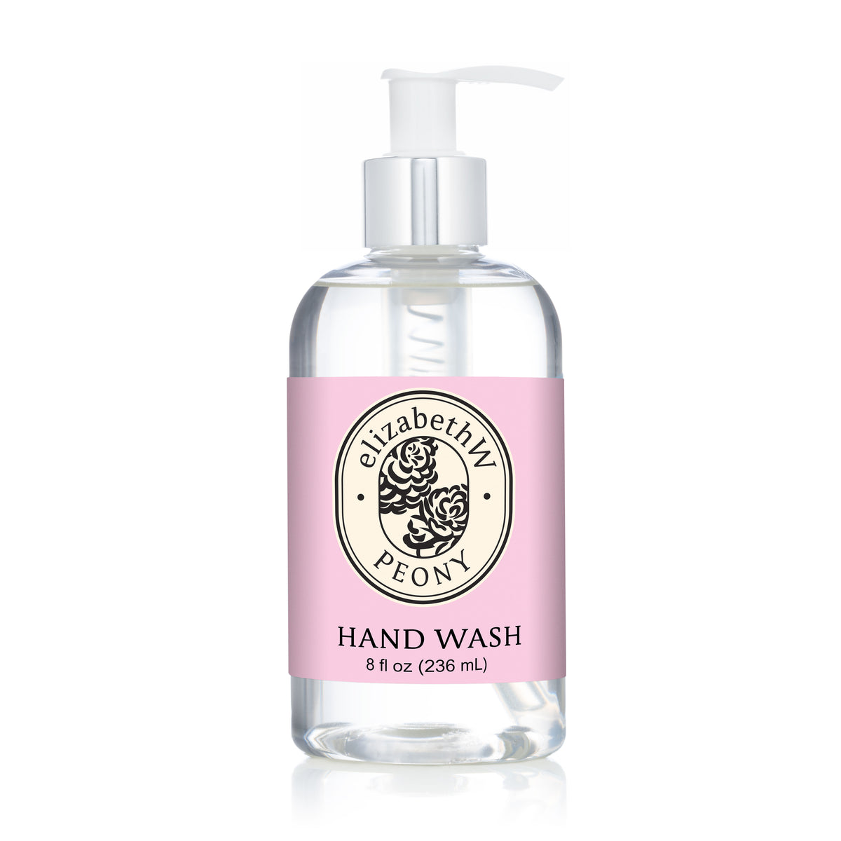 A clear pump bottle of E Wightman & Co Peony — Hand Wash with a light pink label, black floral logo, and text indicating an 8 fl oz (236 mL) size—a nourishing hand wash with botanical ingredients.