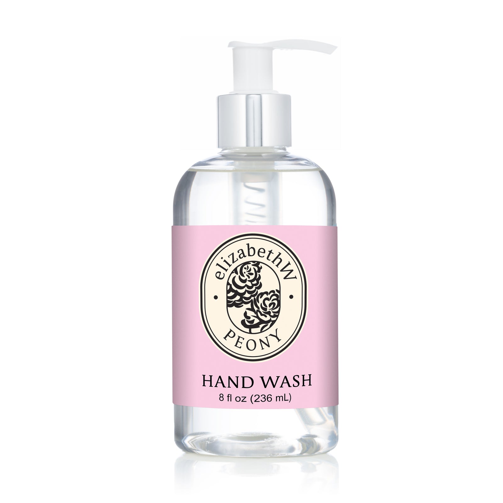 A clear pump bottle of E Wightman & Co Peony — Hand Wash with a light pink label, black floral logo, and text indicating an 8 fl oz (236 mL) size—a nourishing hand wash with botanical ingredients.