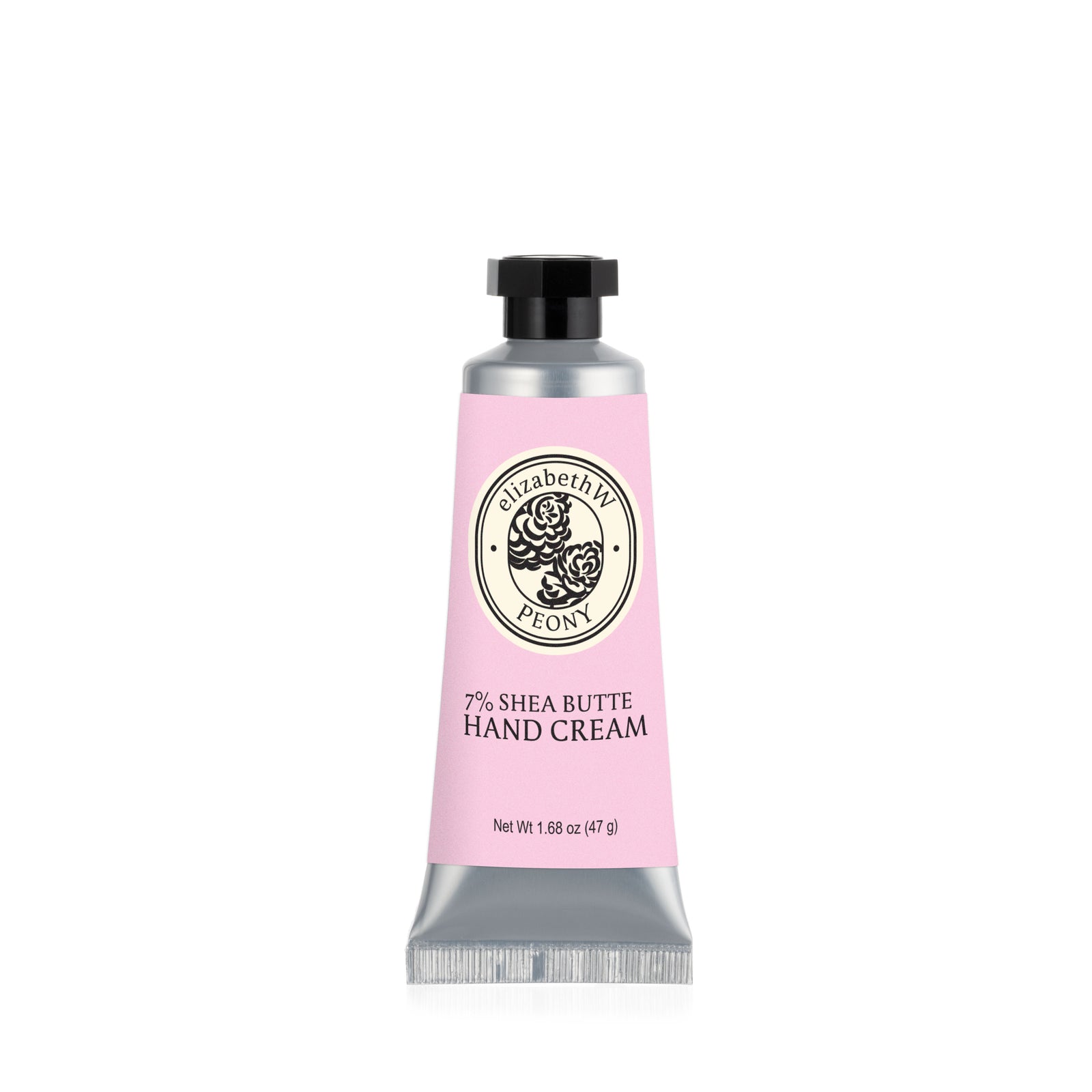 A pink tube of E Wightman & Co Peony — Mini Hand Cream, 1.68 oz, with a black cap and a round floral label.