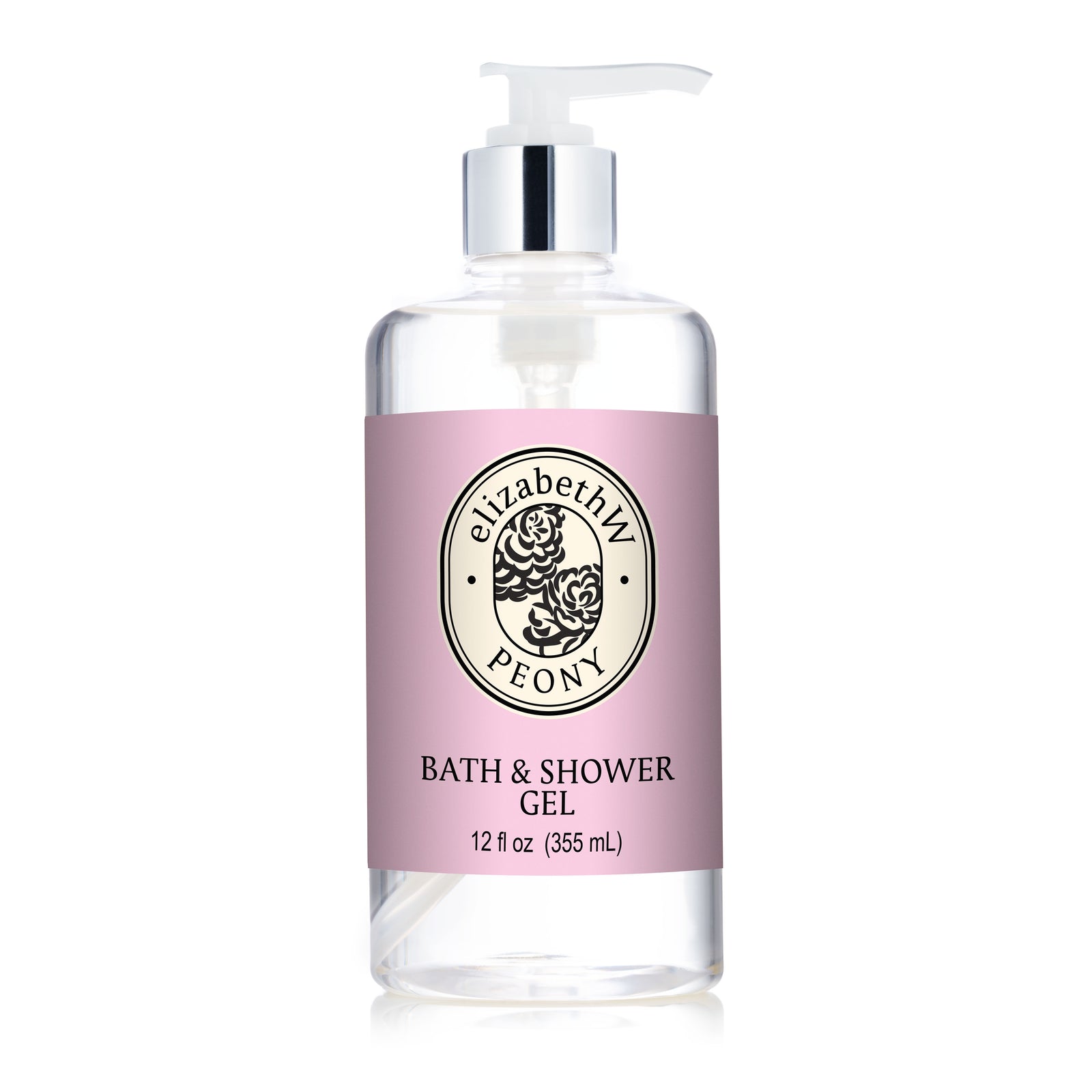 A clear pump bottle labeled "Peony — Bath & Shower Gel" by E Wightman & Co features a pink label, black text, and floral logo. The gentle cleanser contains 12 fl oz (355 mL) of luxurious peony bath gel.
