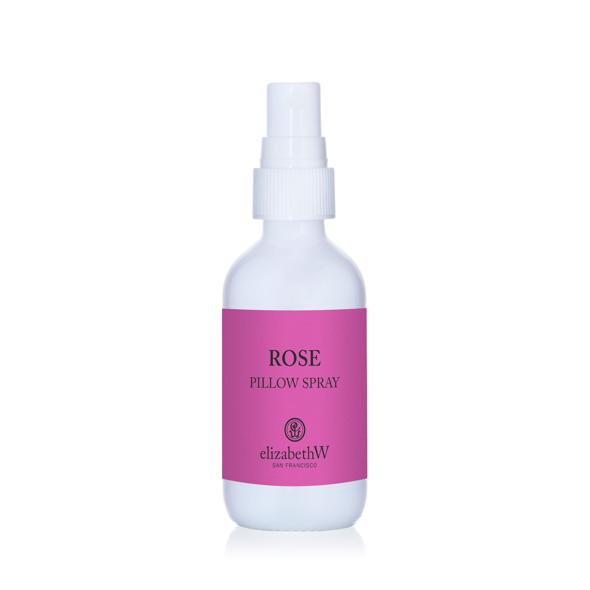 A white elizabethW Rose Pillow Spray bottle with a bright pink label.