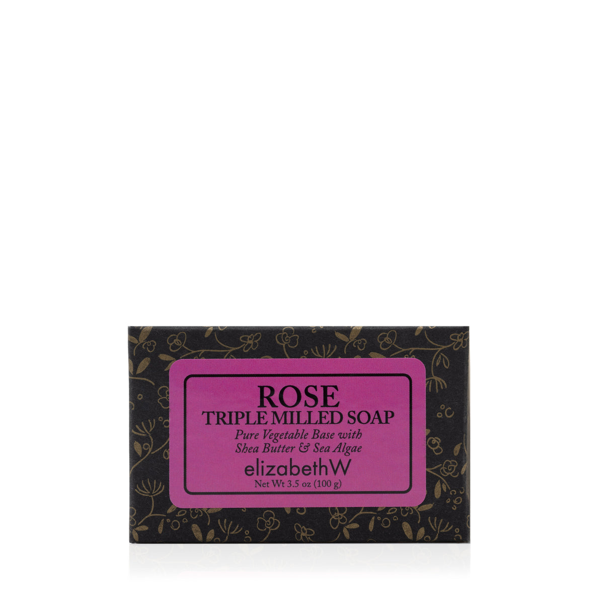 A bar of elizabethW Rose — Triple Milled Soap comes in sleek black packaging with a pink label, displaying the words “Pure Vegetable Base with Shea Butter & Sea Algae.” This luxurious soap, crafted by elizabethW, is triple-milled for a creamy, long-lasting lather and enriched with nourishing shea butter.