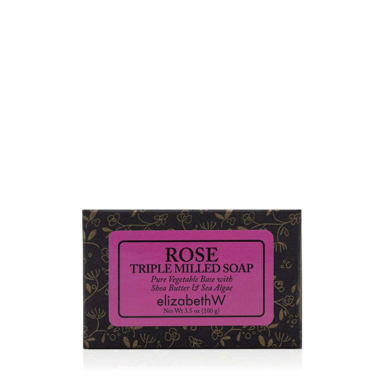A bar of elizabethW Rose — Triple Milled Soap comes in sleek black packaging with a pink label, displaying the words “Pure Vegetable Base with Shea Butter & Sea Algae.” This luxurious soap, crafted by elizabethW, is triple-milled for a creamy, long-lasting lather and enriched with nourishing shea butter.