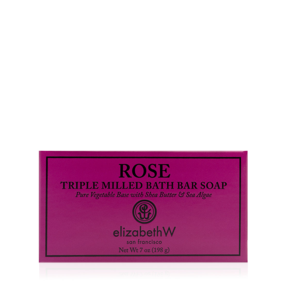 A pink box of elizabethW Rose — Triple Milled Soap (7 oz), crafted with a pure vegetable base, shea butter, and sea algae. This luxurious soap is triple-milled to capture the delicate scent of wild roses. Net weight: 7 oz (198 g).