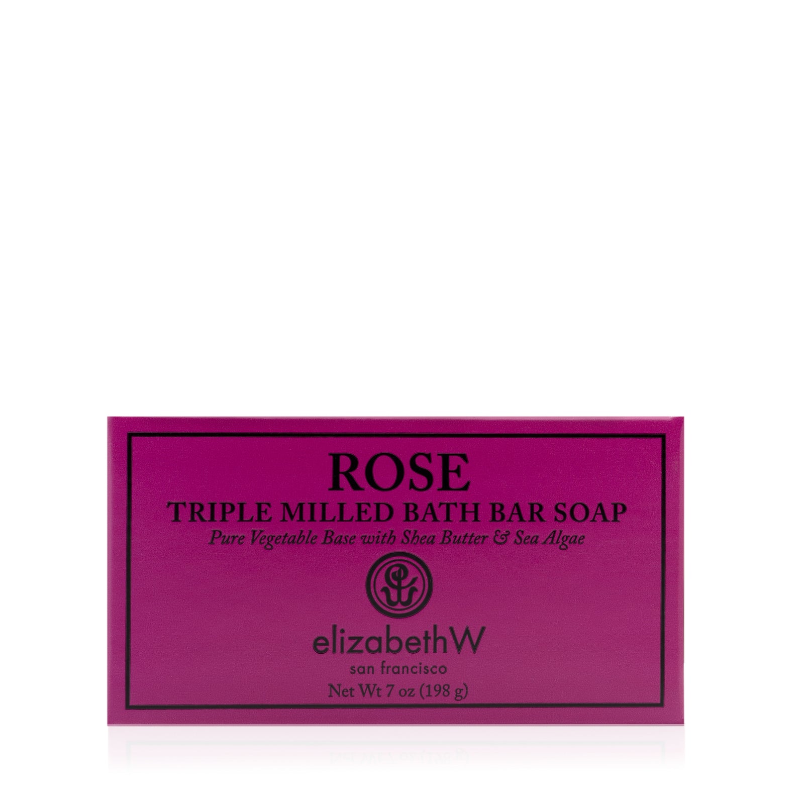 A pink box of elizabethW Rose — Triple Milled Soap (7 oz), crafted with a pure vegetable base, shea butter, and sea algae. This luxurious soap is triple-milled to capture the delicate scent of wild roses. Net weight: 7 oz (198 g).