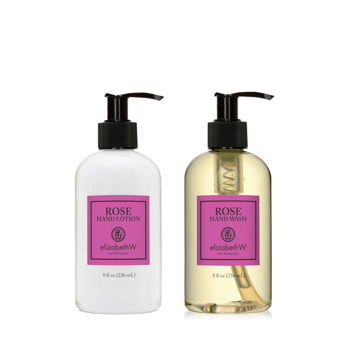 The Rose Hand-Care Bundle from elizabethW features a white Rose Hand Lotion and a clear Rose Hand Wash with yellow liquid, both infused with the delicate essence of wild roses for nourishing hand care.