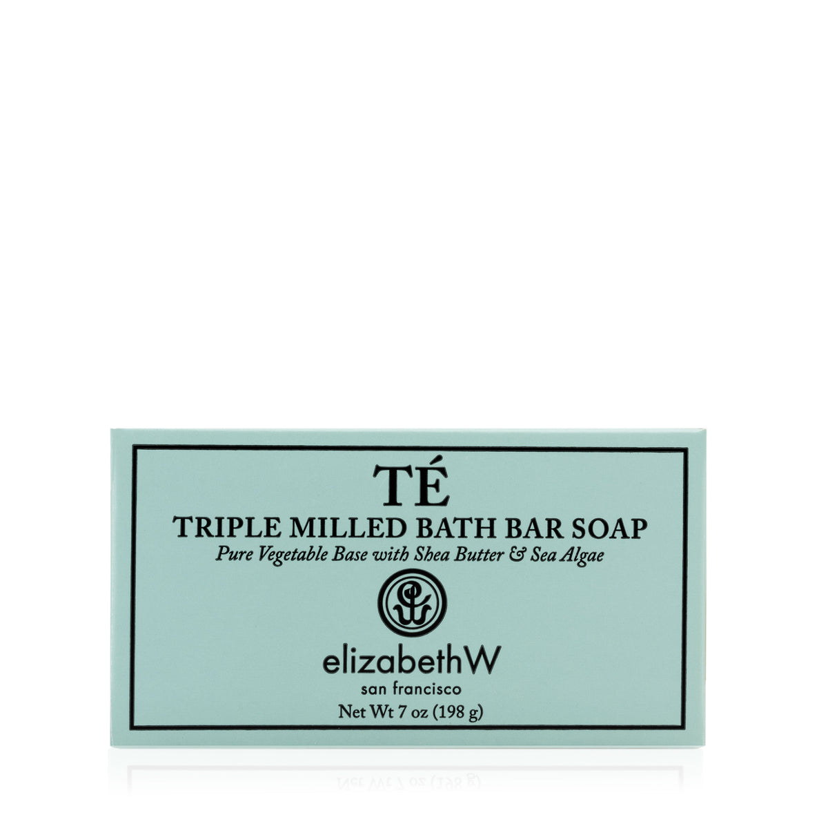 A 7 oz light blue box of elizabethW Té — Triple Milled Soap, enriched with shea butter, sea algae, and the delicate fragrance of oriental black tea, labeled in black text.