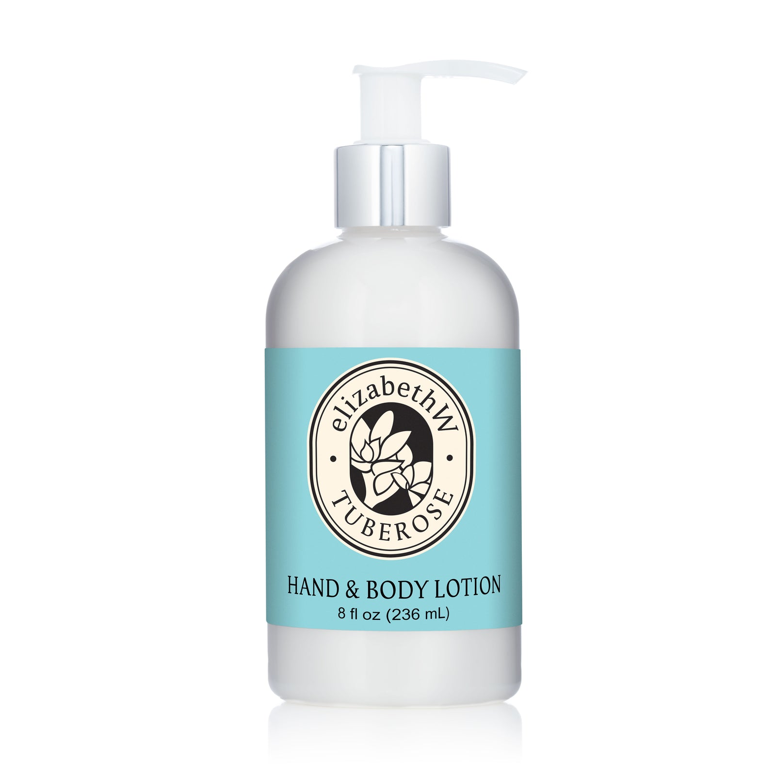 A white pump bottle labeled "E Wightman & Co Tuberose — Hand & Body Lotion" features a blue label with a floral logo and contains 8 fl oz (236 mL) of shea butter lotion scented with signature tuberose fragrance.