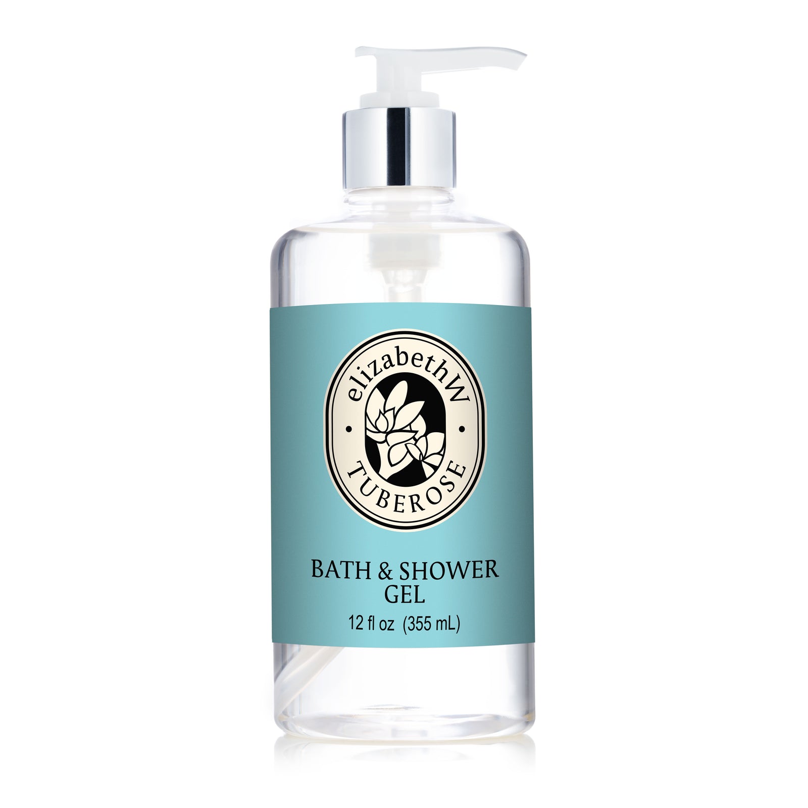 A clear bottle with a pump labeled "Tuberose — Bath & Shower Gel" by E Wightman & Co, 12 fl oz (355 mL), sits on a light blue background with a floral logo. The transparent gel inside promises an indulgent bathing experience.