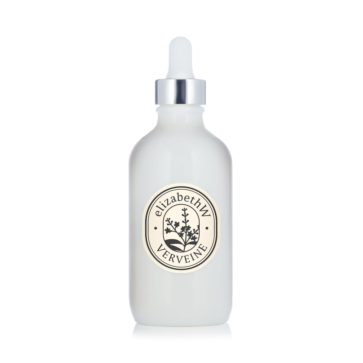 A white dropper bottle labeled "elizabethW Verveine — Body Oil," adorned with a botanical illustration and set against a plain white background—an ideal presentation for this nourishing body oil infused with the refreshing verveine fragrance.