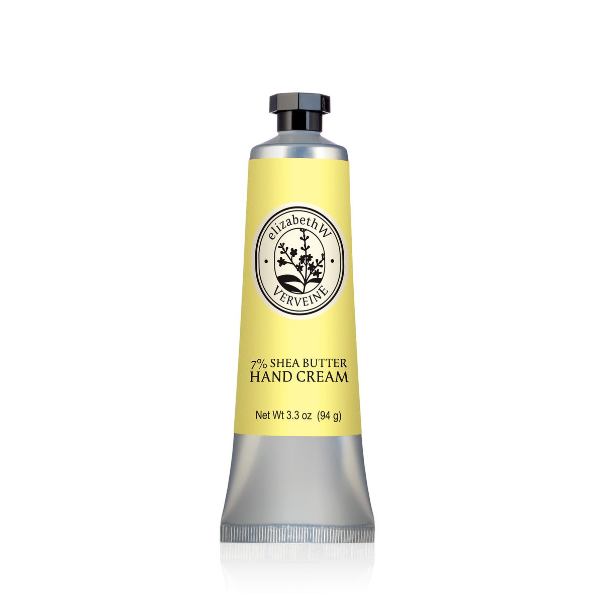 A 3.3 oz (94 g) metallic tube of elizabethW Verveine — Hand Cream, a citrus formula with 7% shea butter, features a yellow and silver label and black cap, standing upright on a white background.