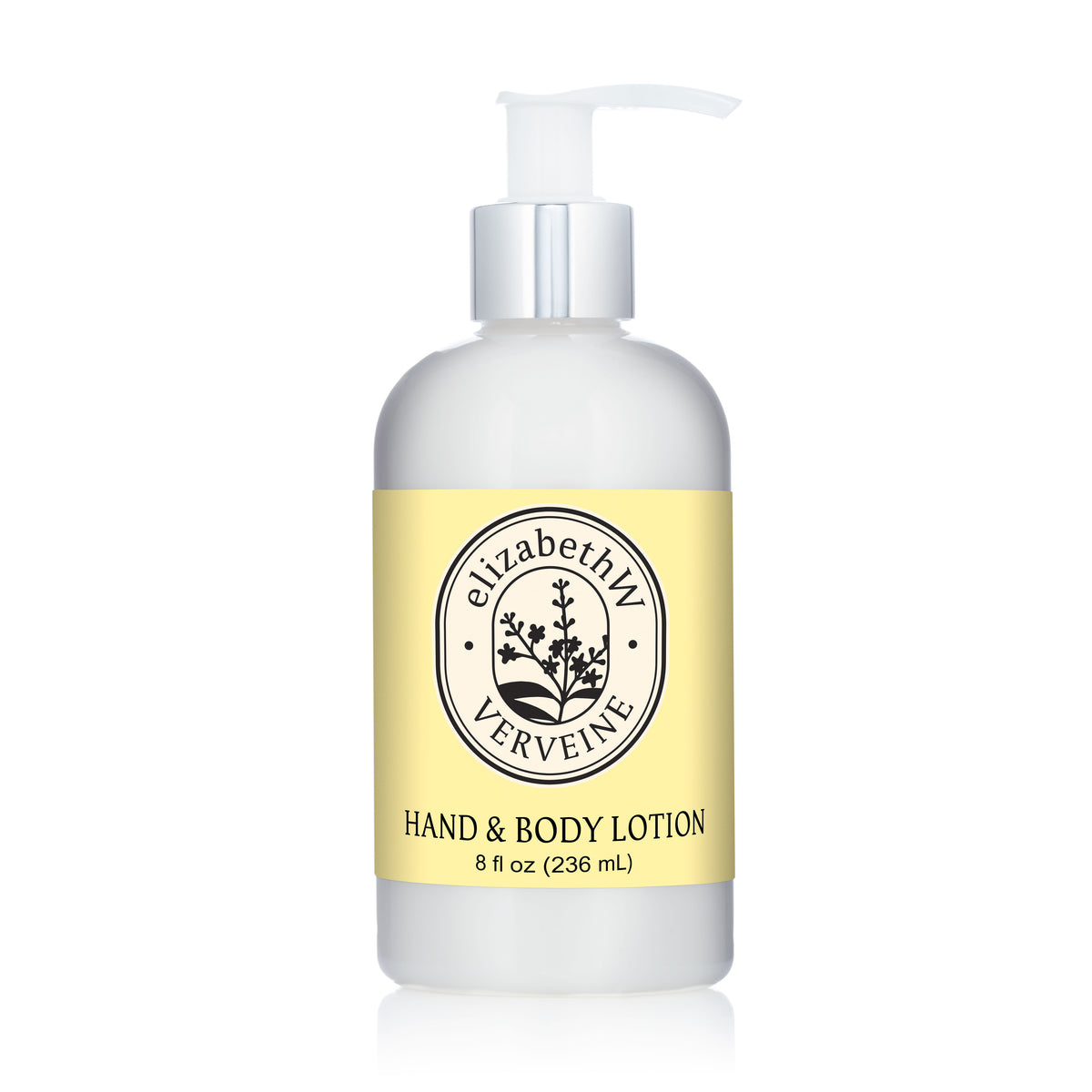 A white pump bottle of elizabethW Verveine — Hand and Body Lotion (8 fl oz/236 mL) features a yellow label with black text and a botanical illustration; this citrus-scented lotion delivers an invigorating fragrance and stylish design.