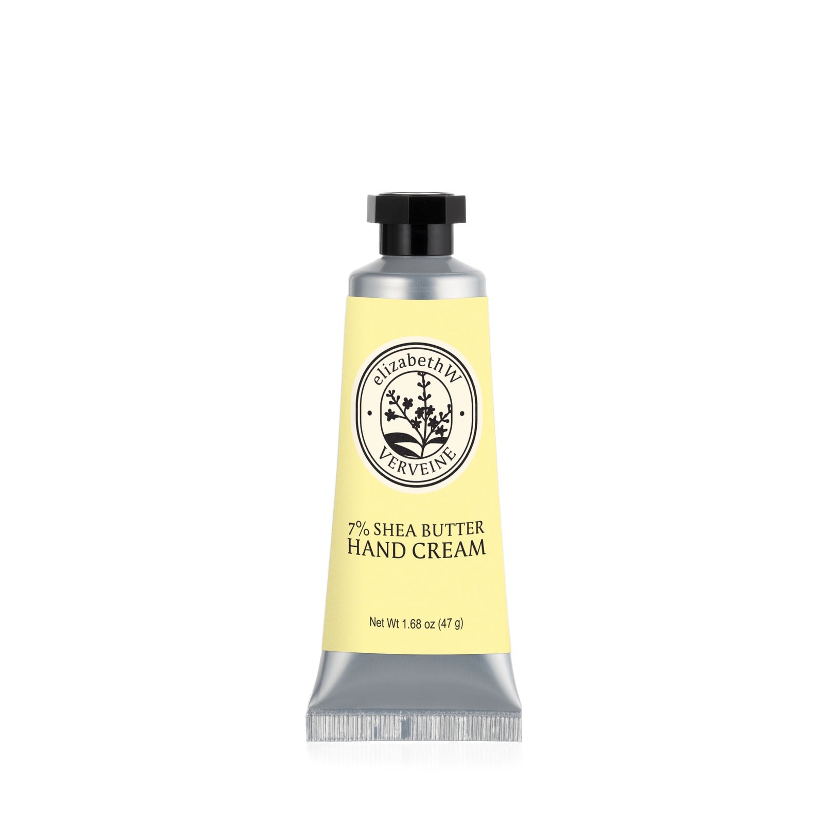 A 1.68 oz (47 g) tube of elizabethW Verveine — Mini Hand Cream, enriched with 7% shea butter and designed with a light yellow label and black cap. This travel-friendly moisturizer provides convenient hydration wherever you go.
