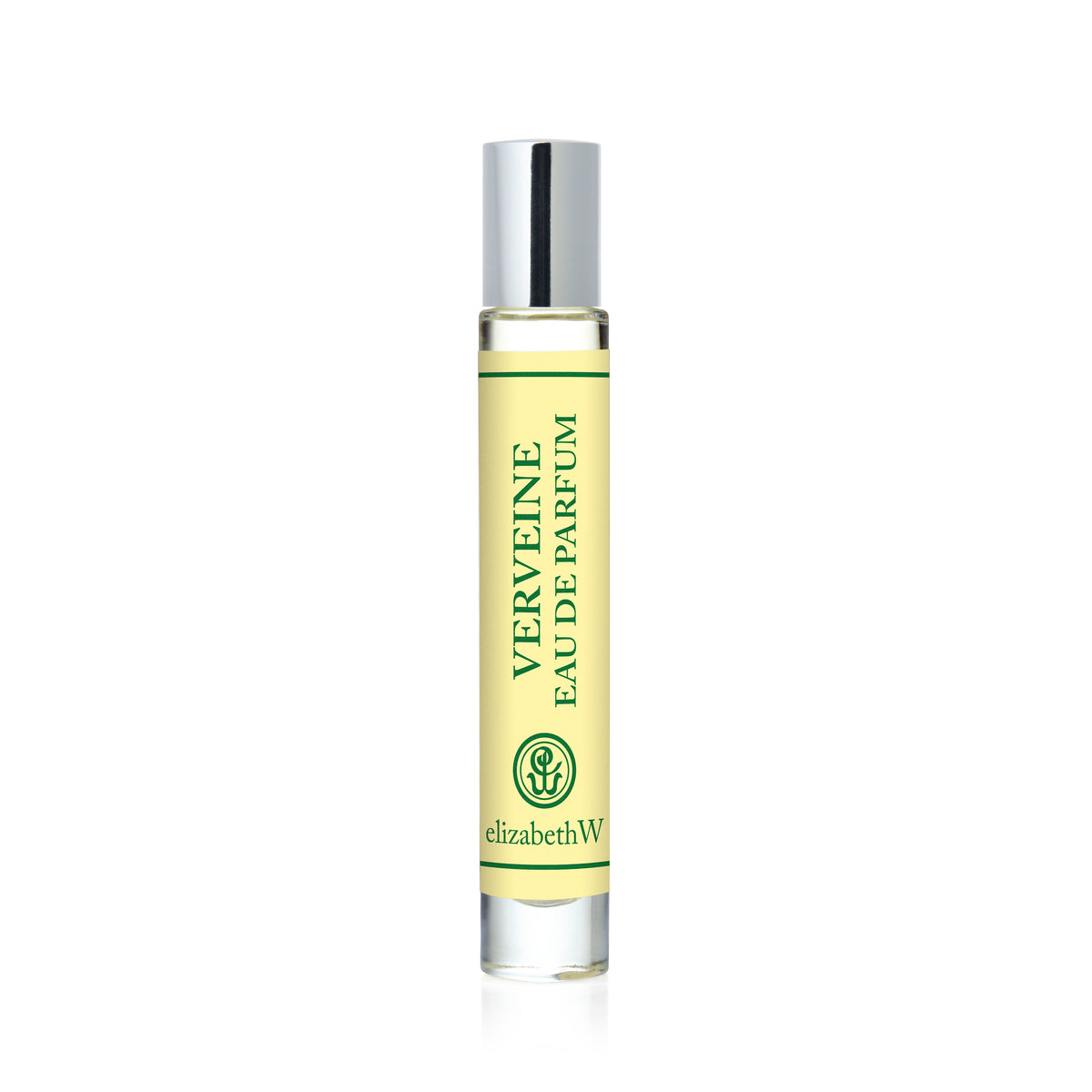 A clear glass rollerball perfume by elizabethW features a silver cap and is labeled "Verveine — Rollerball" in green text, with the elizabethW logo at the bottom. The pale yellow liquid inside perfectly embodies the uplifting Verveine scent with its vibrant citrus fragrance.