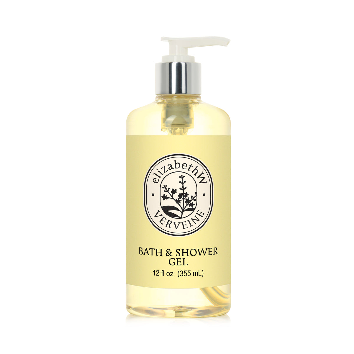A clear pump bottle of elizabethW Verveine — Bath & Shower Gel features a yellow label with black text and a botanical logo, containing 12 fl oz (355 mL) of refreshing Verveine-scented body wash.