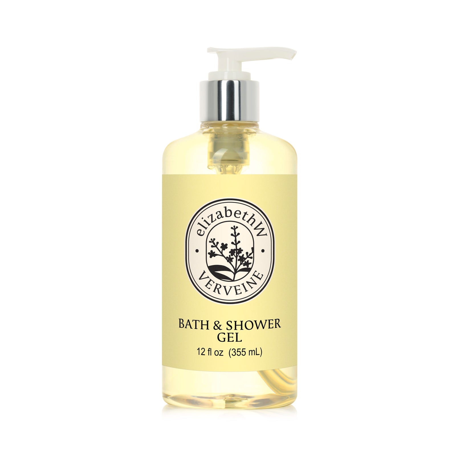 A clear pump bottle of elizabethW Verveine — Bath & Shower Gel features a yellow label with black text and a botanical logo, containing 12 fl oz (355 mL) of refreshing Verveine-scented body wash.