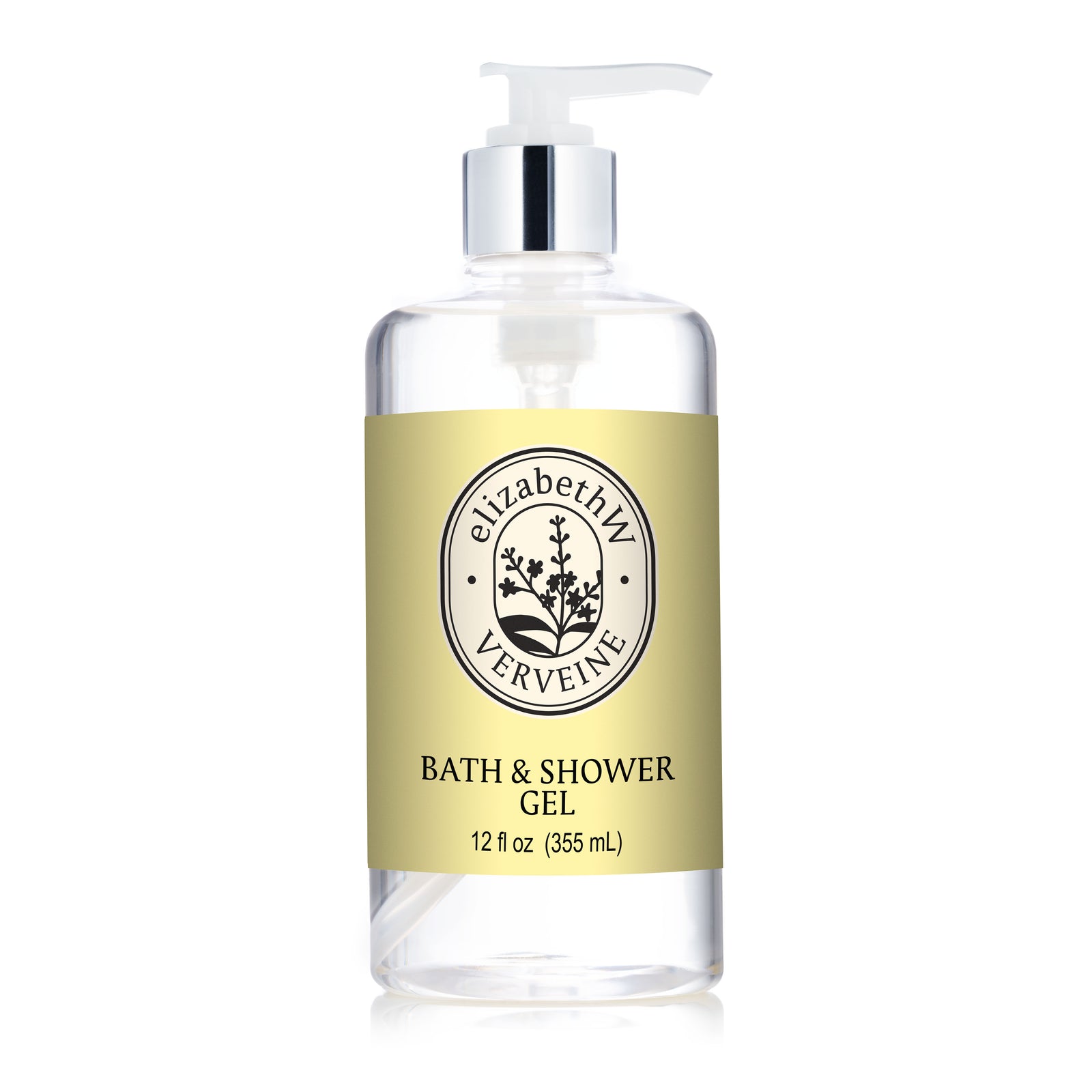 The elizabethW Verveine — Bath & Shower Gel comes in a clear pump bottle with a light yellow label and black botanical illustration, offering an invigorating bath or refreshing shower experience.