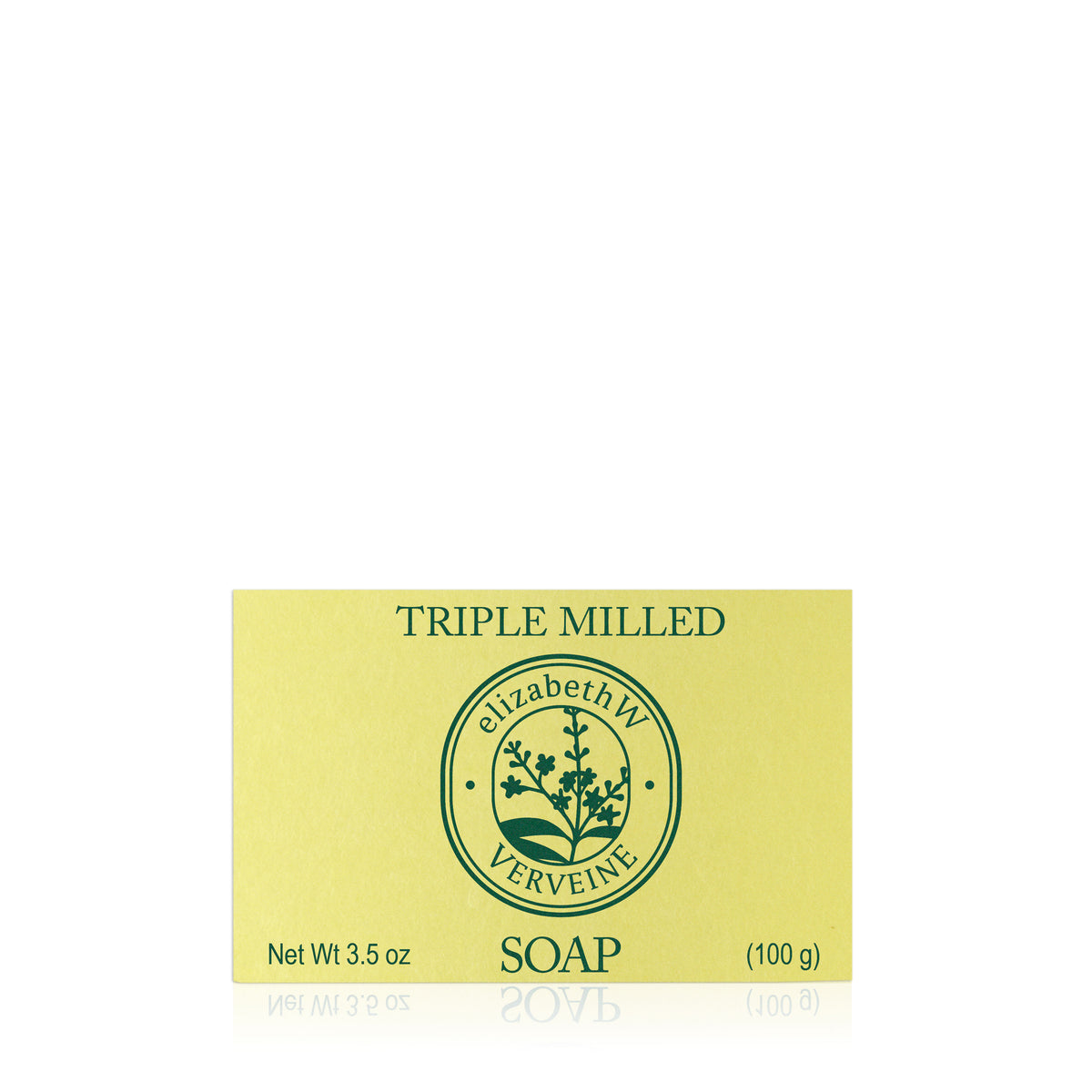 A 3.5 oz yellow box of elizabethW Verveine — Triple Milled Soap. Made with plant-based ingredients and rich shea butter, the packaging displays a circular green logo featuring a plant and the words "TRIPLE MILLED" and "SOAP.