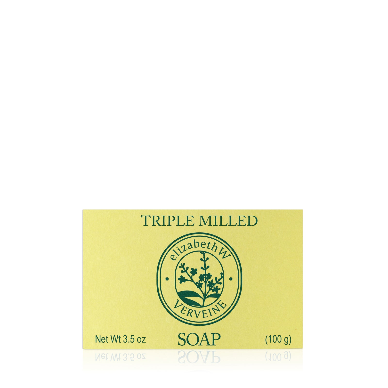 A 3.5 oz yellow box of elizabethW Verveine — Triple Milled Soap. Made with plant-based ingredients and rich shea butter, the packaging displays a circular green logo featuring a plant and the words "TRIPLE MILLED" and "SOAP.