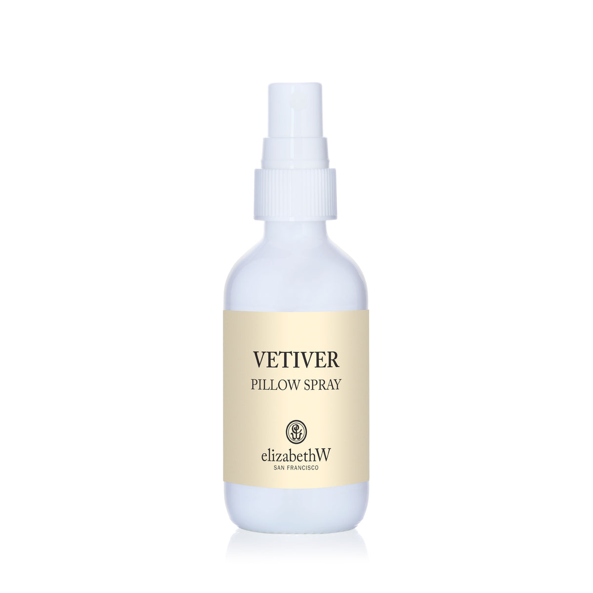 A white spray bottle with a beige label featuring the elizabethW logo and the name Vetiver Pillow Spray.