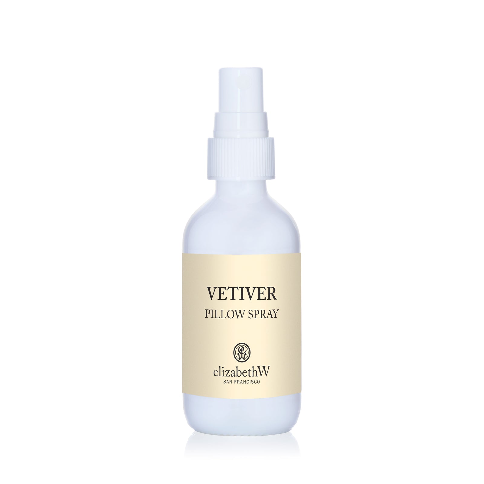 A white spray bottle with a beige label featuring the elizabethW logo and the name Vetiver Pillow Spray.