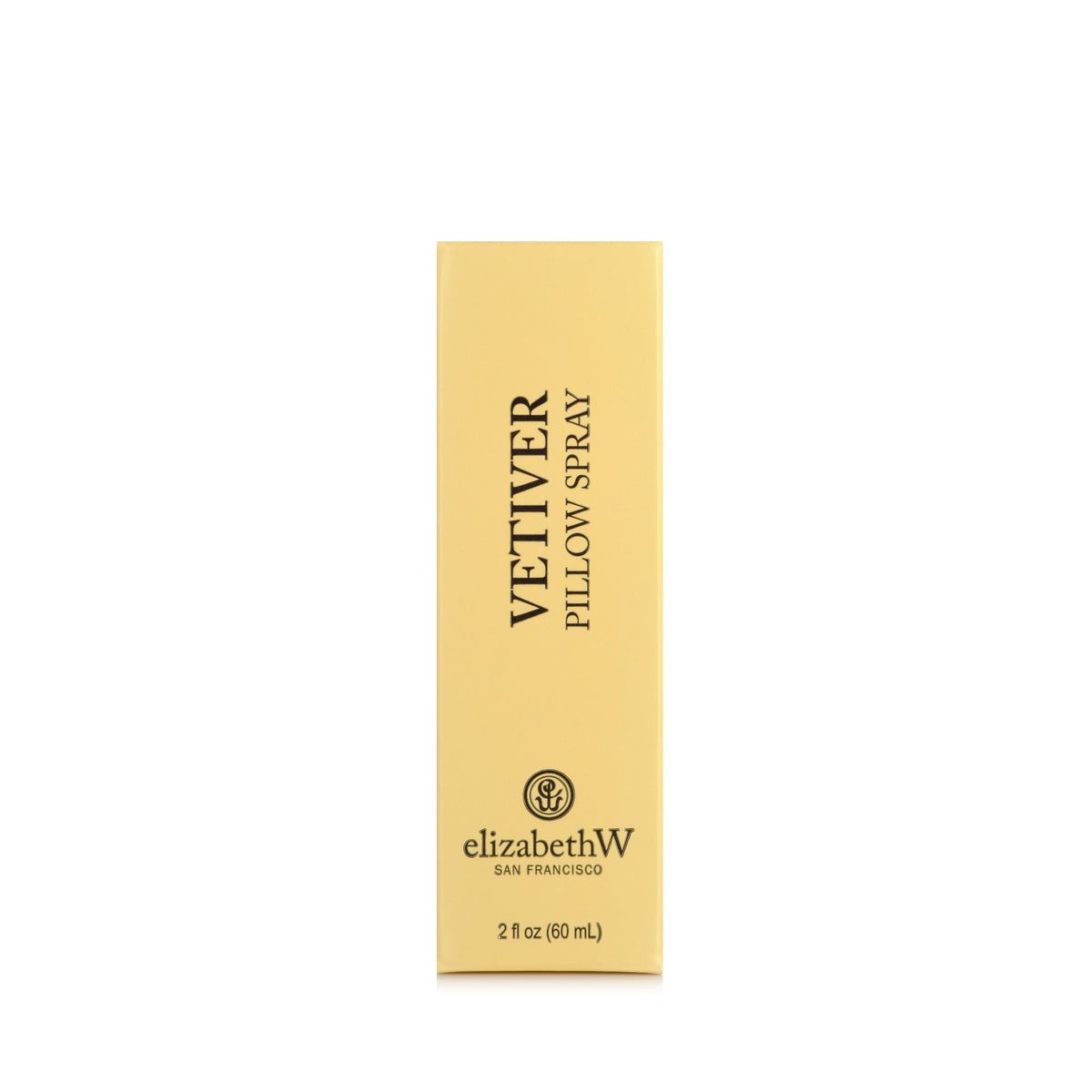 Yellow rectangular box of elizabethW Vetiver Pillow Spray with black text reading “Vetiver Pillow Spray” and brand information.