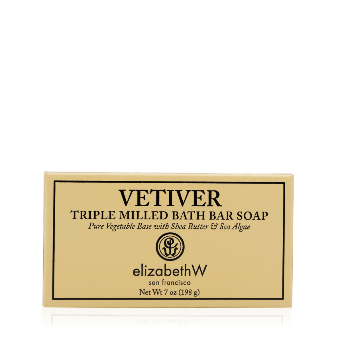 A rectangular box of elizabethW Vetiver — Triple Milled Soap (7 oz), made with plant-based ingredients like shea butter and sea algae, featuring a beige background and black text.