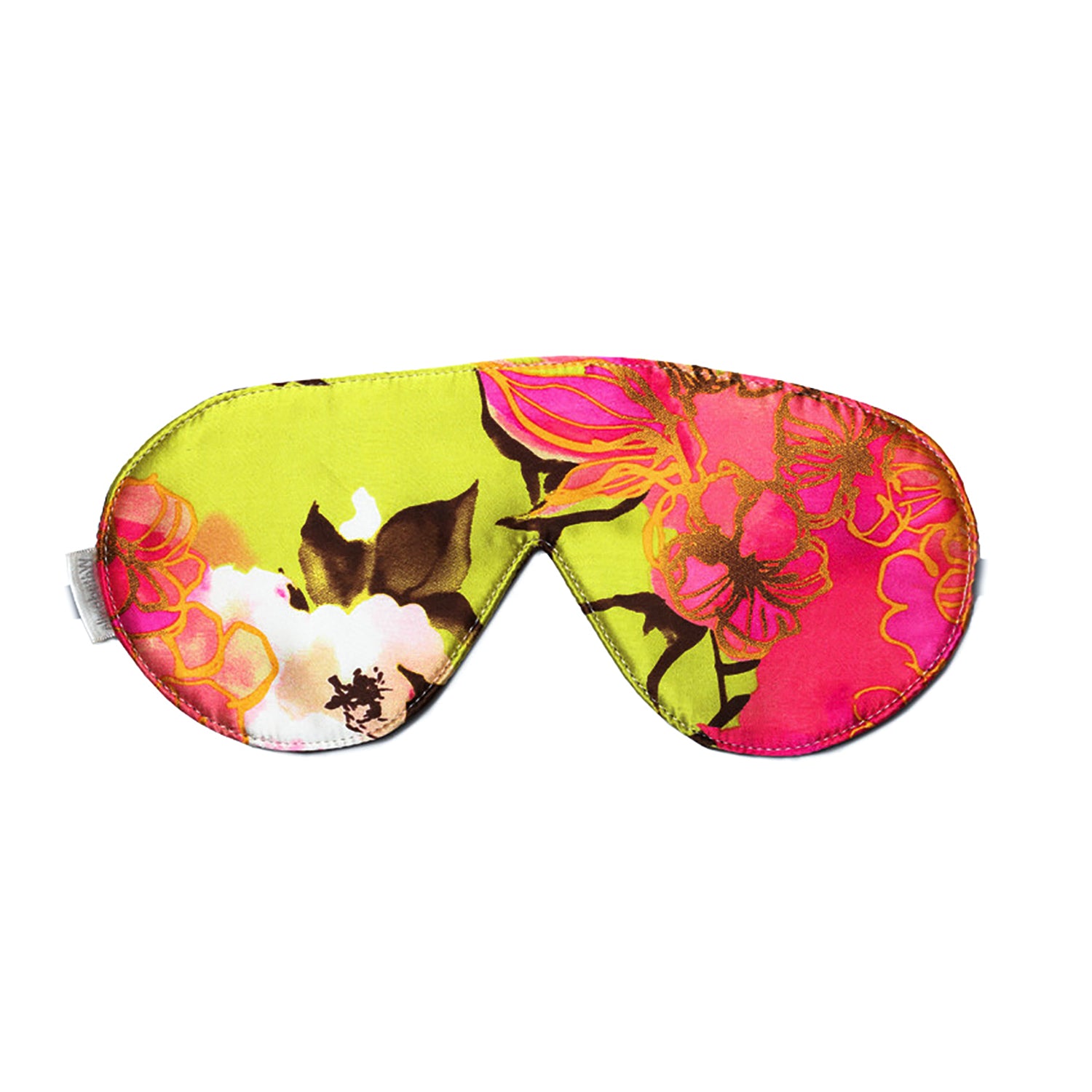 The Kimono Sleep Mask by elizabethW is a vibrant luxurious silk sleep mask showcasing a colorful floral pattern in shades of lime green, hot pink, and white. It includes adjustable strap to ensure it secures comfortably around your head for a restful sleep.