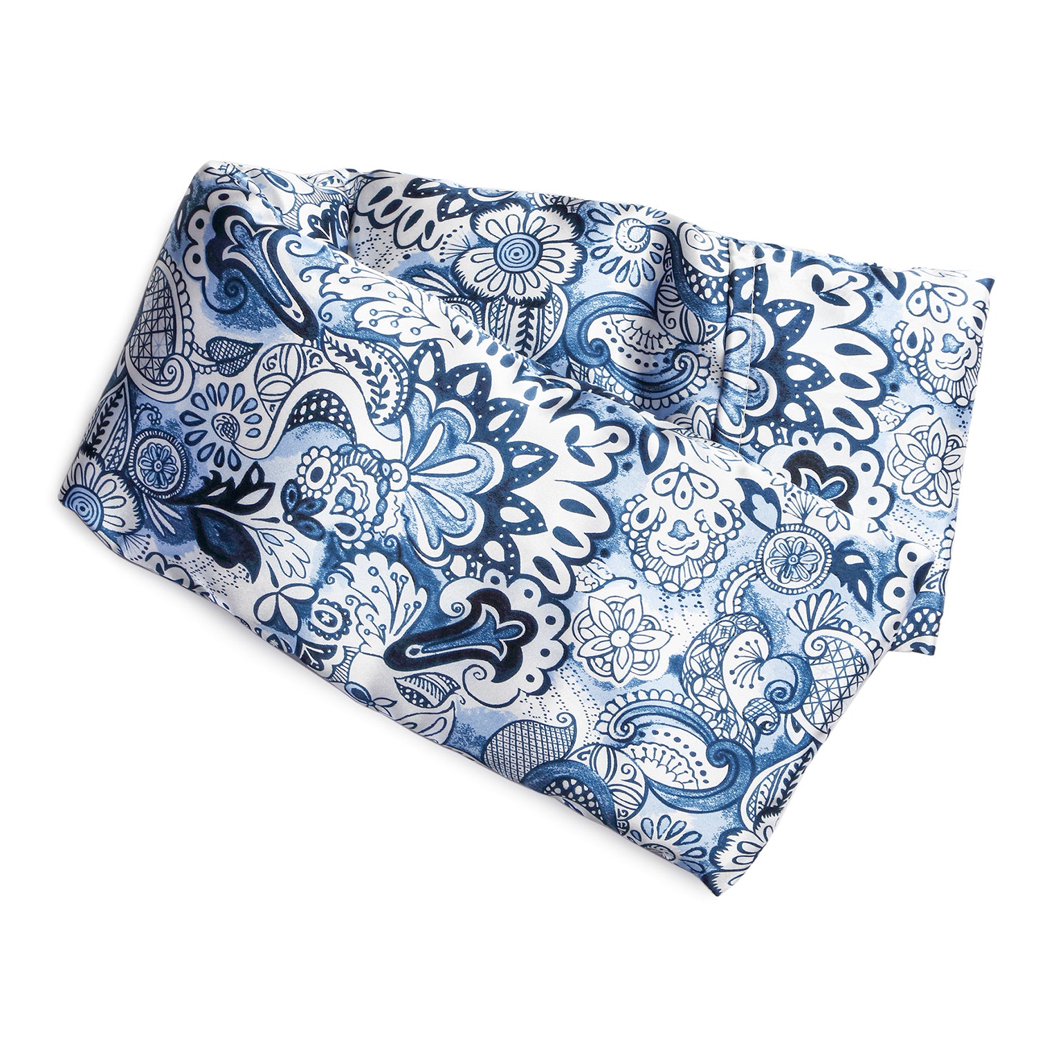 Neatly arranged against a plain white background, the elizabethW intricate blue and white paisley and floral pattern Hot/Cold Flaxseed Pack. The design features intricate details of various flower shapes, leaves, and swirling motifs in a silk casing, and can be used as a heat pad or cold compress.