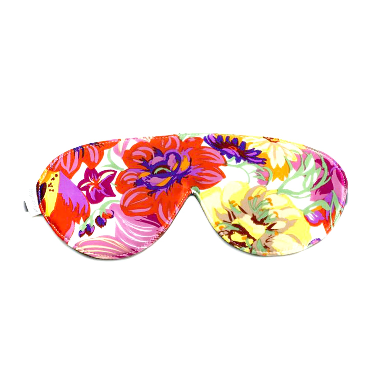 The Bouquet Sleep Mask by elizabethW is a luxurious silk sleep mask adorned with a vibrant floral pattern in shades of red, orange, yellow, pink, and green. It includes adjustable strap to ensure it secures comfortably around your head for a restful sleep.