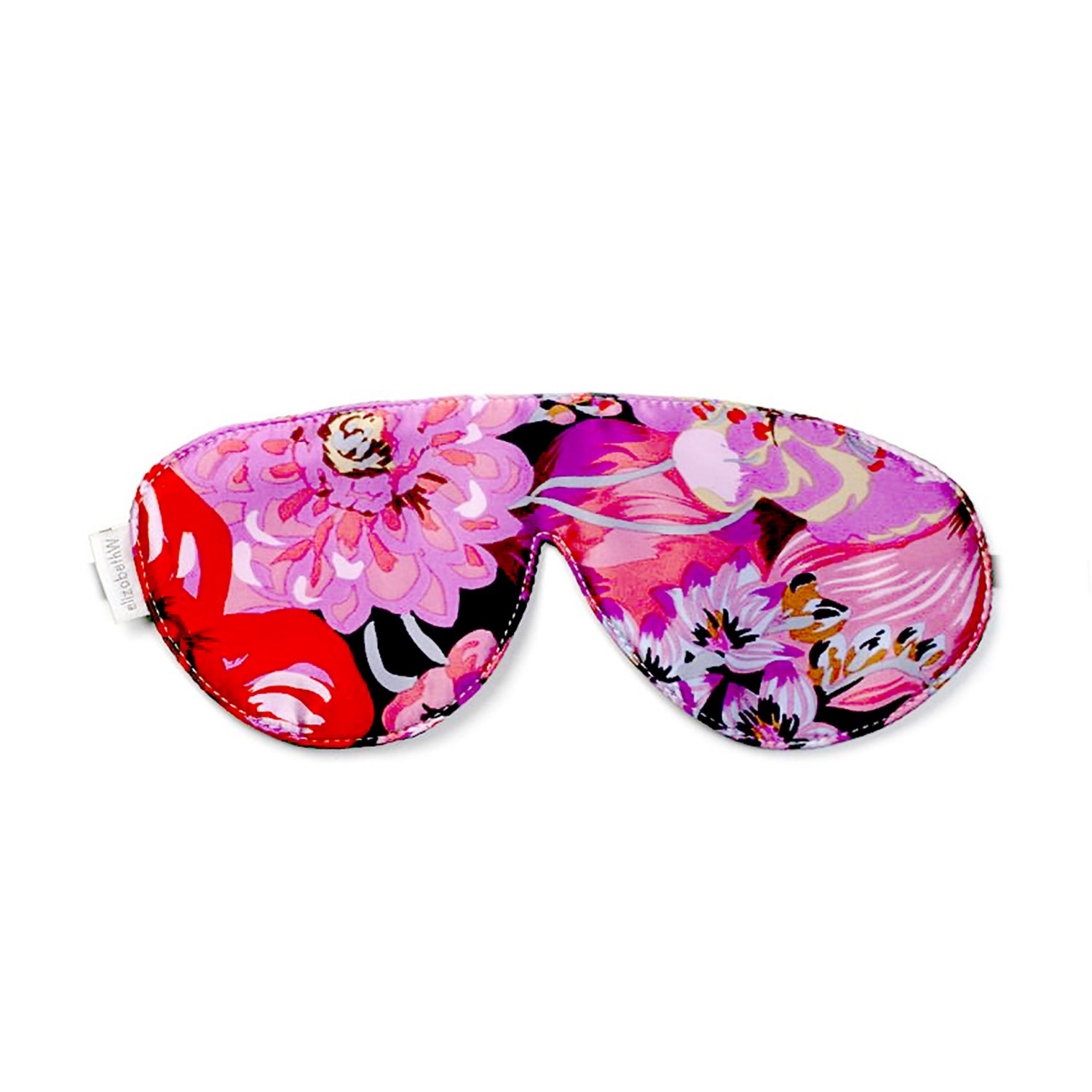 The Midnight Garden Sleep Mask by elizabethW is a brightly colored, luxurious silk sleep mask adorned with a vibrant floral design in shades of pink, red, white, and purple. It includes adjustable strap to ensure it secures comfortably around your head for a restful sleep.