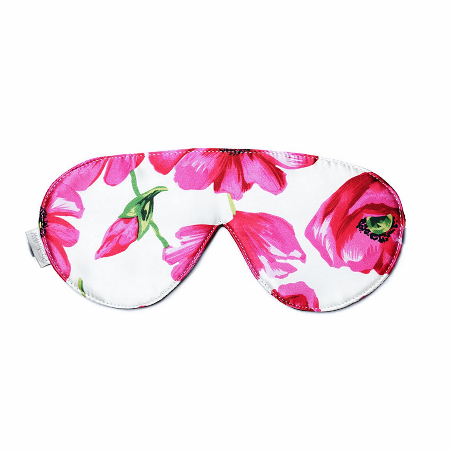 The Poppy Sleep Mask by elizabethW is a luxurious white silk sleep mask, adorned with a stunning pattern of large pink flowers and green stems. This vibrant and elegant design, is rich in floral detail. It includes adjustable strap to ensure it secures comfortably around your head for a restful sleep.